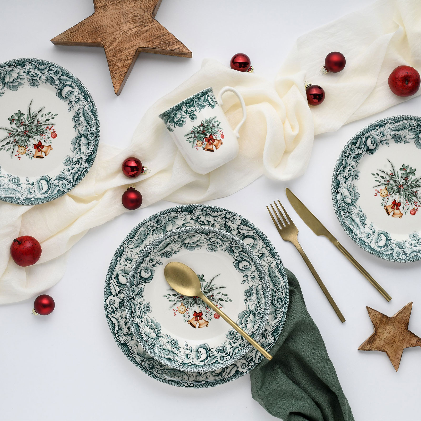 CreaTable, 16959, Serie Weihnachten Grün, 16-teiliges Geschirrset, Kombiservice aus Steingut