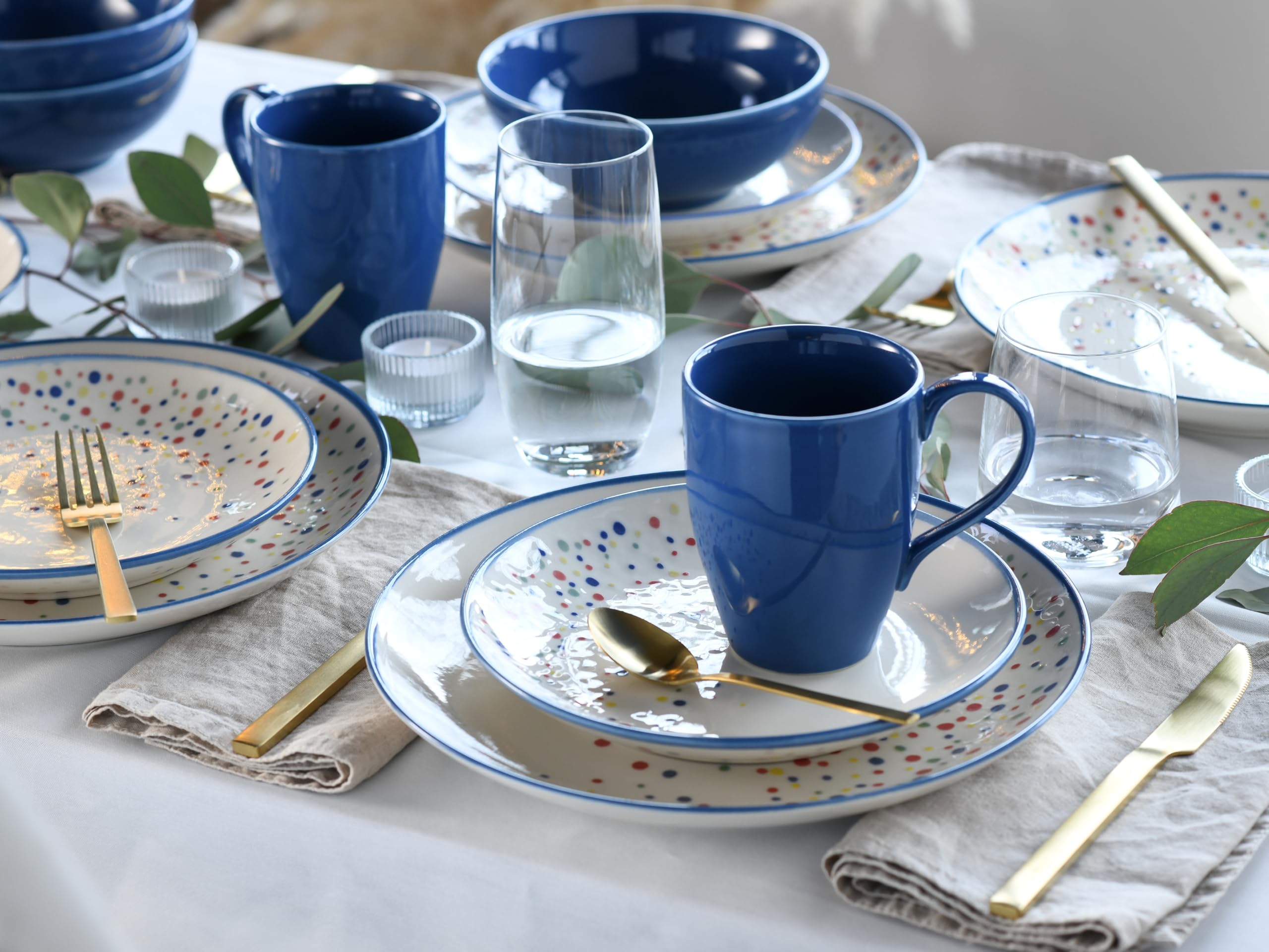 CreaTable, 24183, Serie Joy Dots Blau, 16-teiliges Geschirrset für 4 Personen