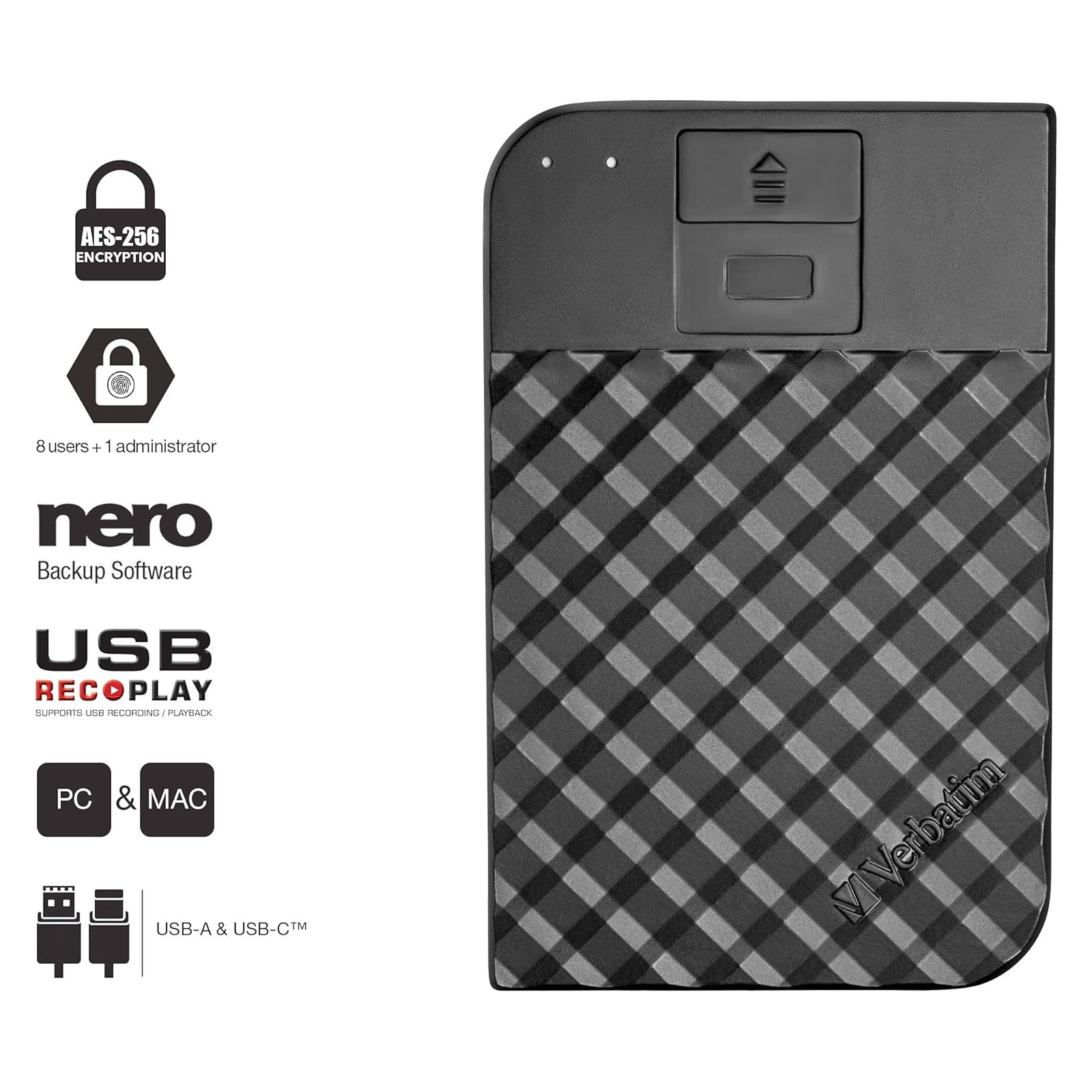 VERBATIM Fingerprint Secure HDD 2,5 Zoll 2TB Externe HDD-Festplatte (USB 3.0)