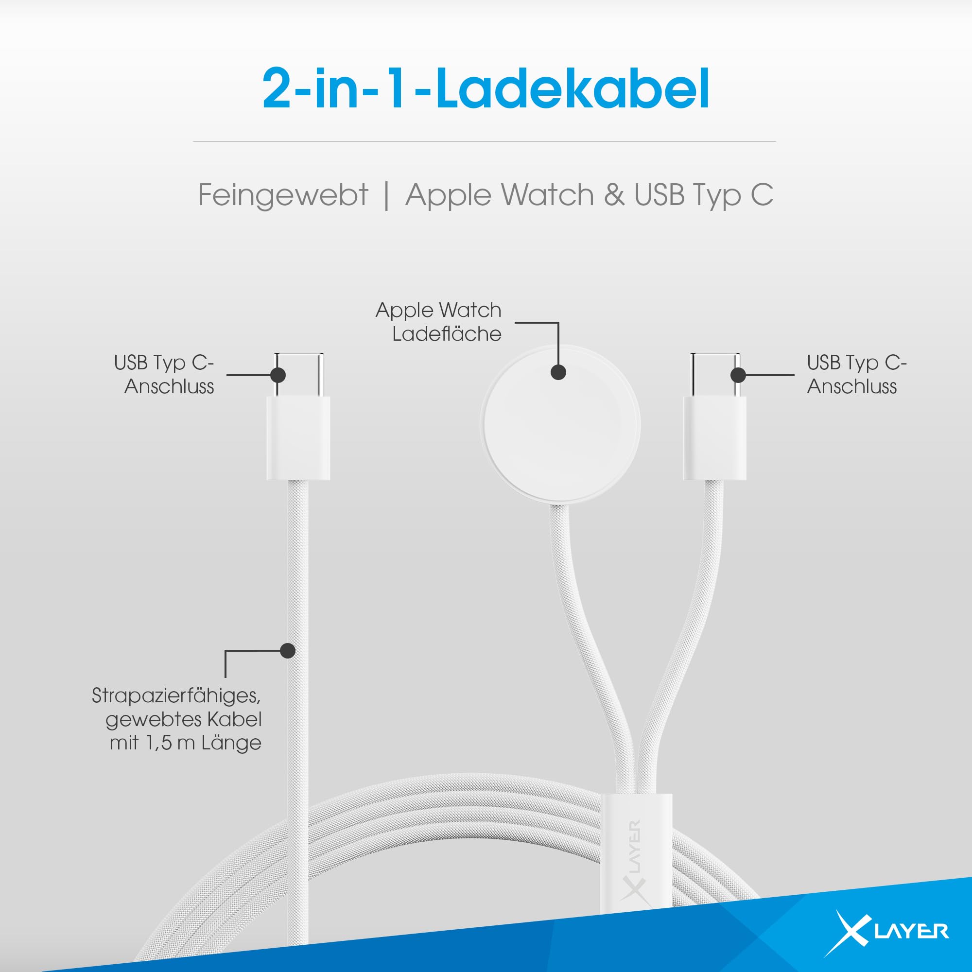XLayer feingewebtes 2 in 1 Premium-Kabel mit USB Typ C & Apple Watch Charger