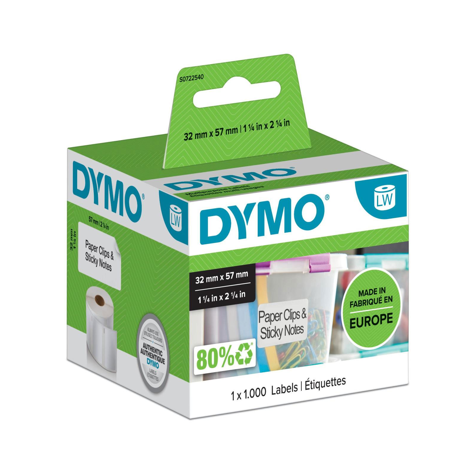 Dymo LabelWriter, Vielzweck, weiß, ablösbar, 32 x 57 mm, 1x 1.000 Etiketten