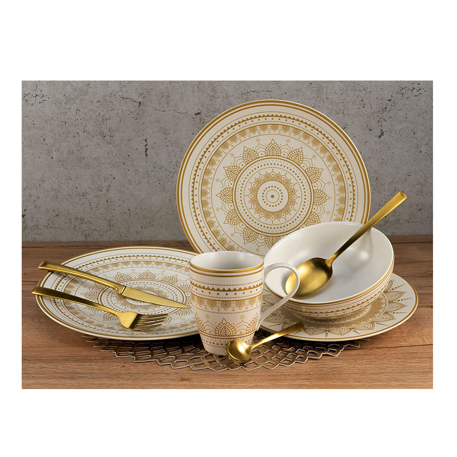 Creatable 23607, Serie MANDALA GOLD - weiss, Geschirrset, Teller Set 12 teilig