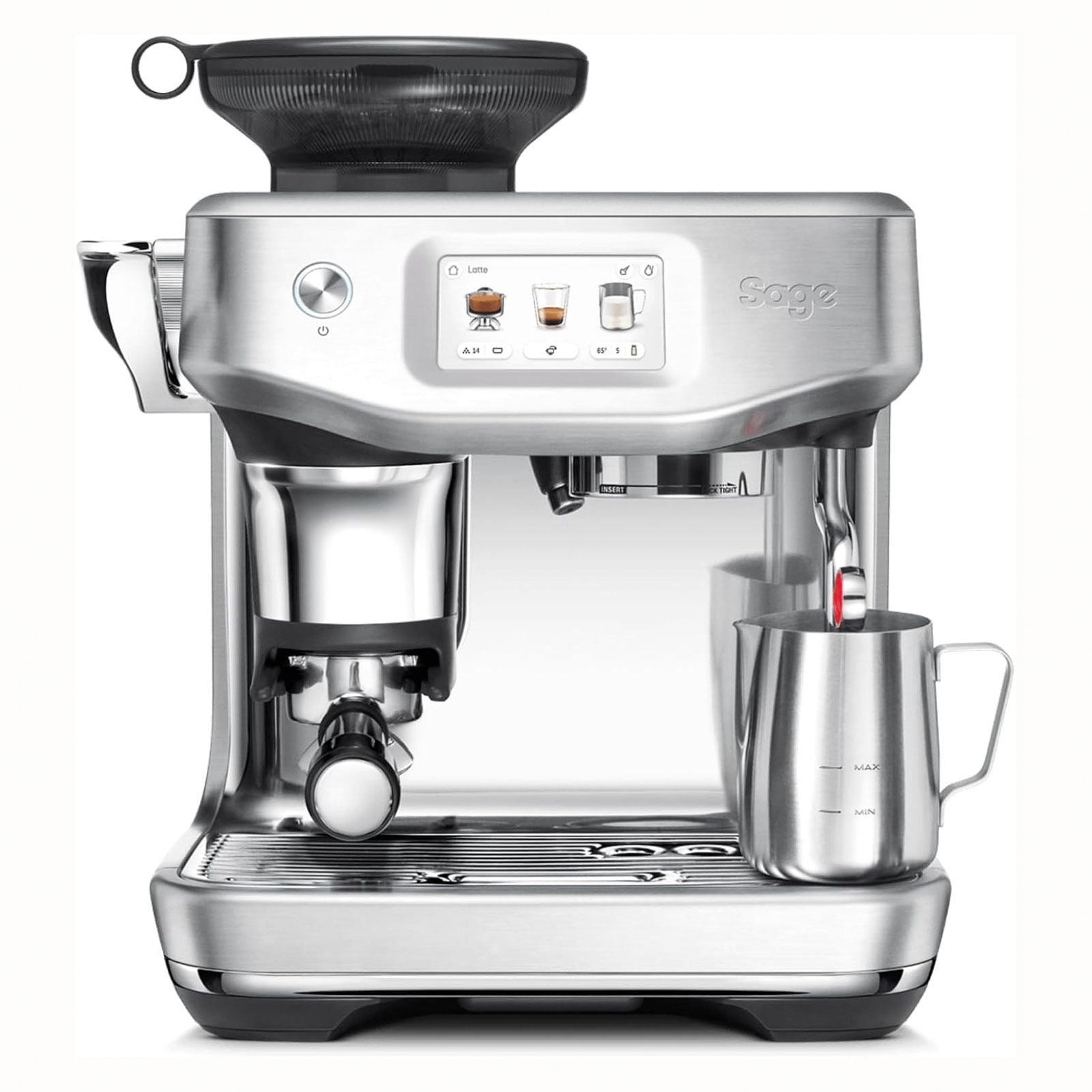 Sage SES882BSS Siebträger-Espressomaschine (ThermoJet®, 3 Sekunden Aufheizzeit, integriertes Mahlwerk, Auto MilQ™, Cold Brew, Touchscreen)