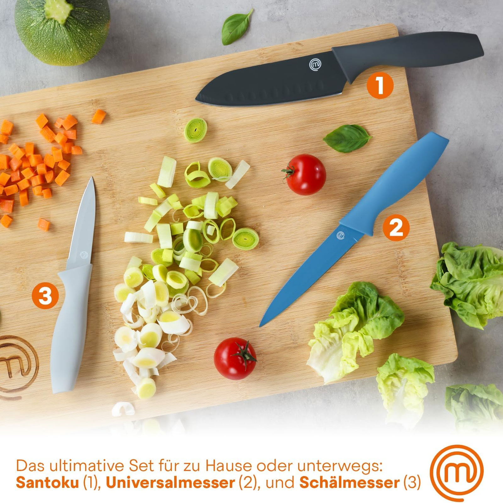 MasterChef FSC Schneidebrett + 3-teiliges Küchenmesser Set