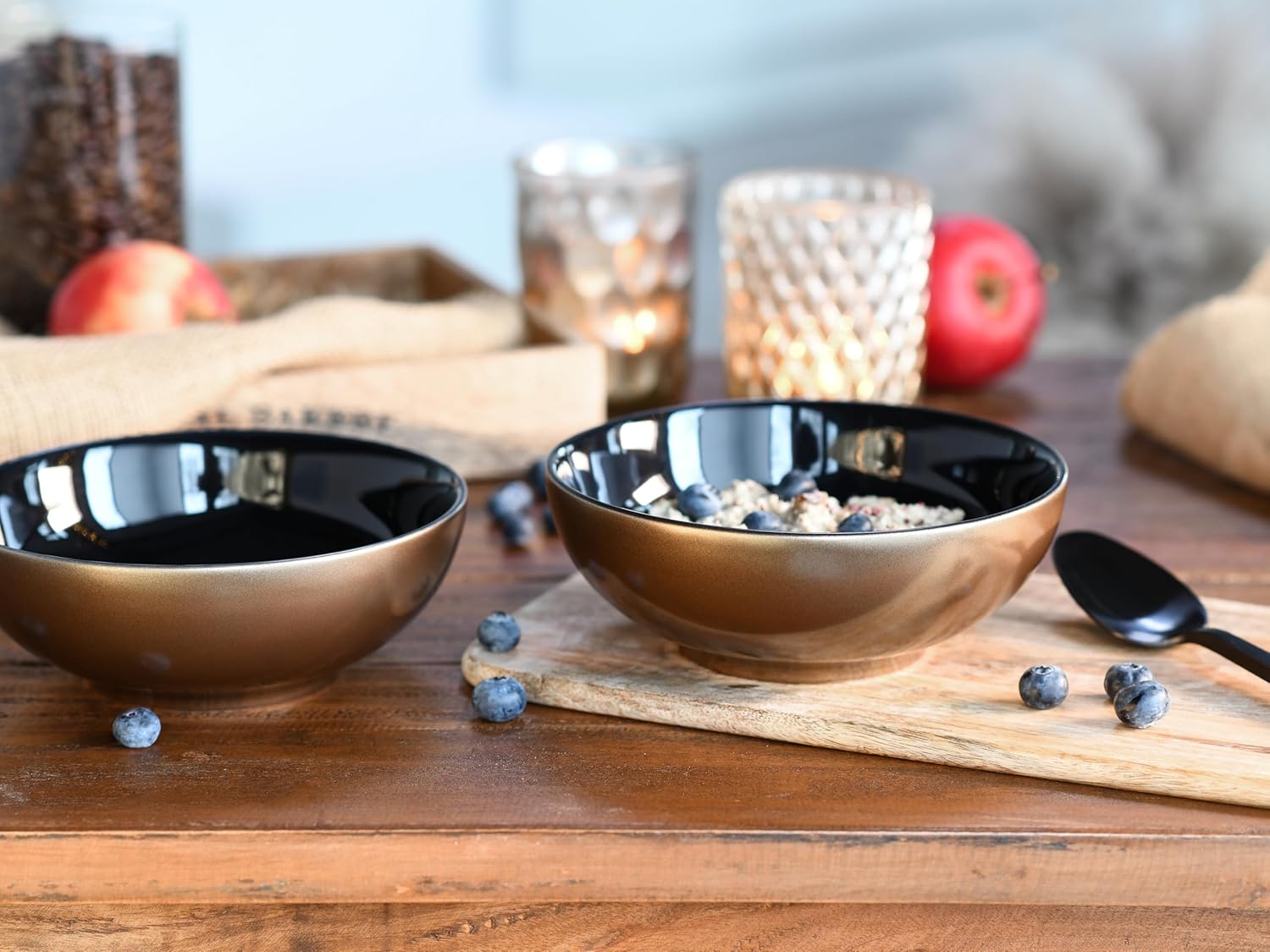 CreaTable, 24333, Serie Golden Days Schwarz, 6-teiliges Geschirrset, Müslischalen Set aus Steinzeug