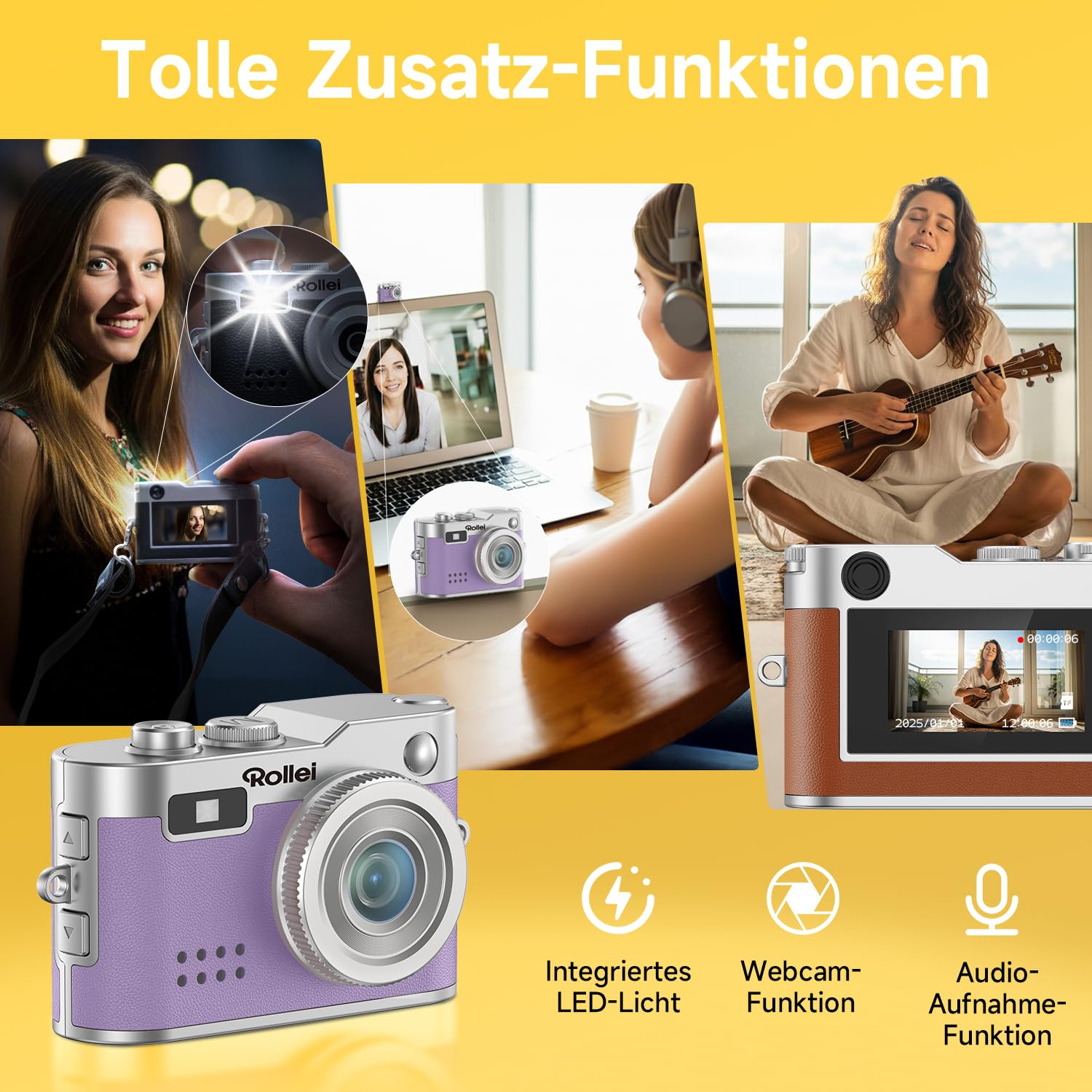 Rollei Digital Minikamera Vintage Lila, 1080P FHD Kleine Retro Digitalkamera