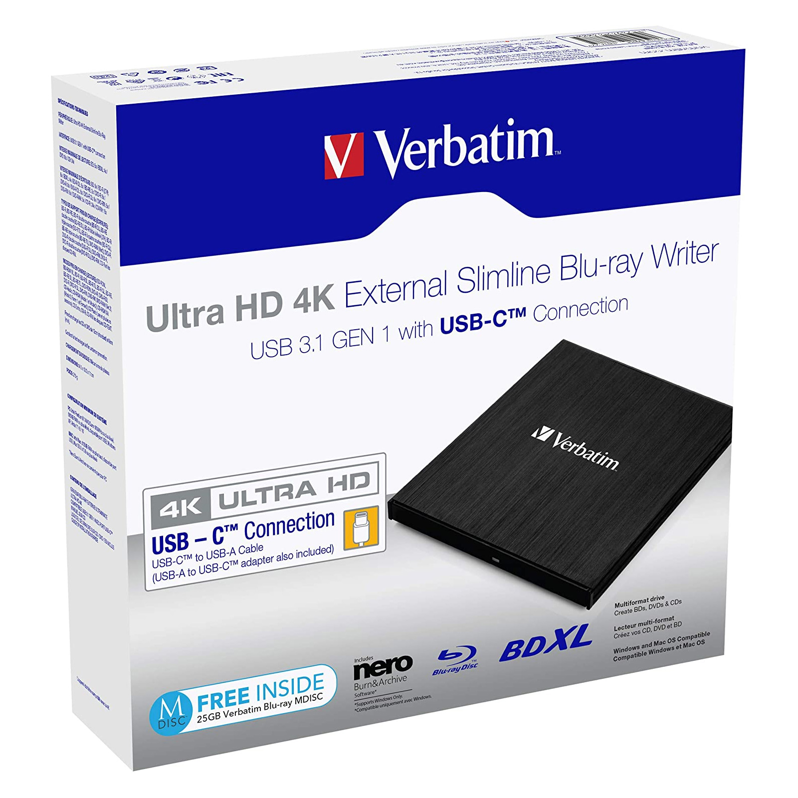 Verbatim Slimline Blu-Ray Brenner Ultra HD 4K USB 3.1 GEN 1 USB-C extern