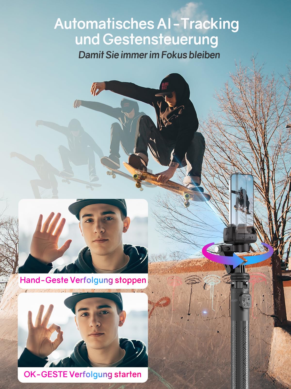 Rollei Easy Creator Gimbal mit AI Tracking  Selfie Stick