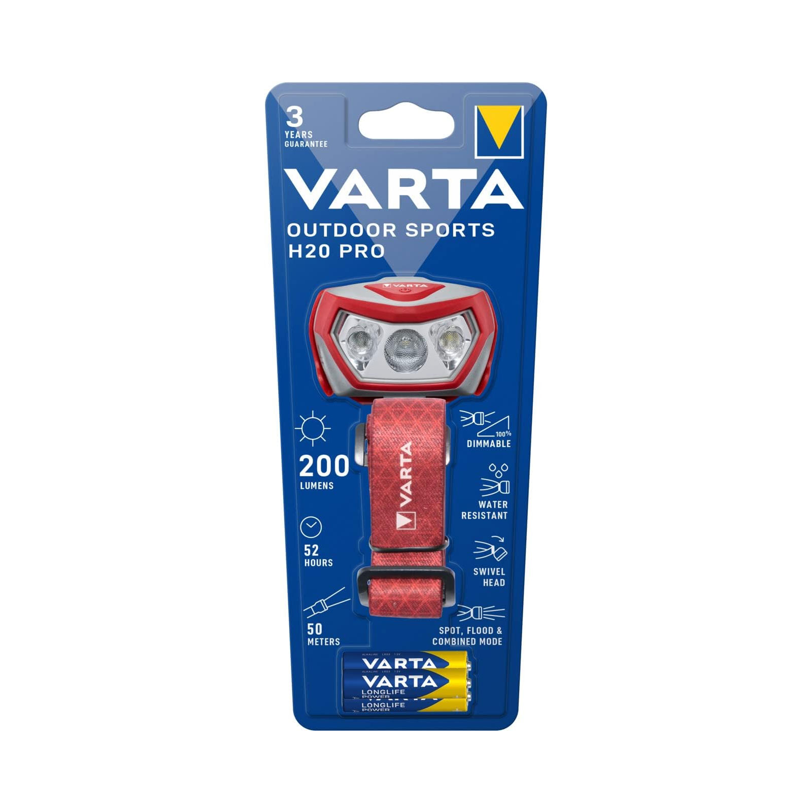 Varta Outdoor Sports H20 Pro Kopfleuchte mit 3AAA Batterien rot