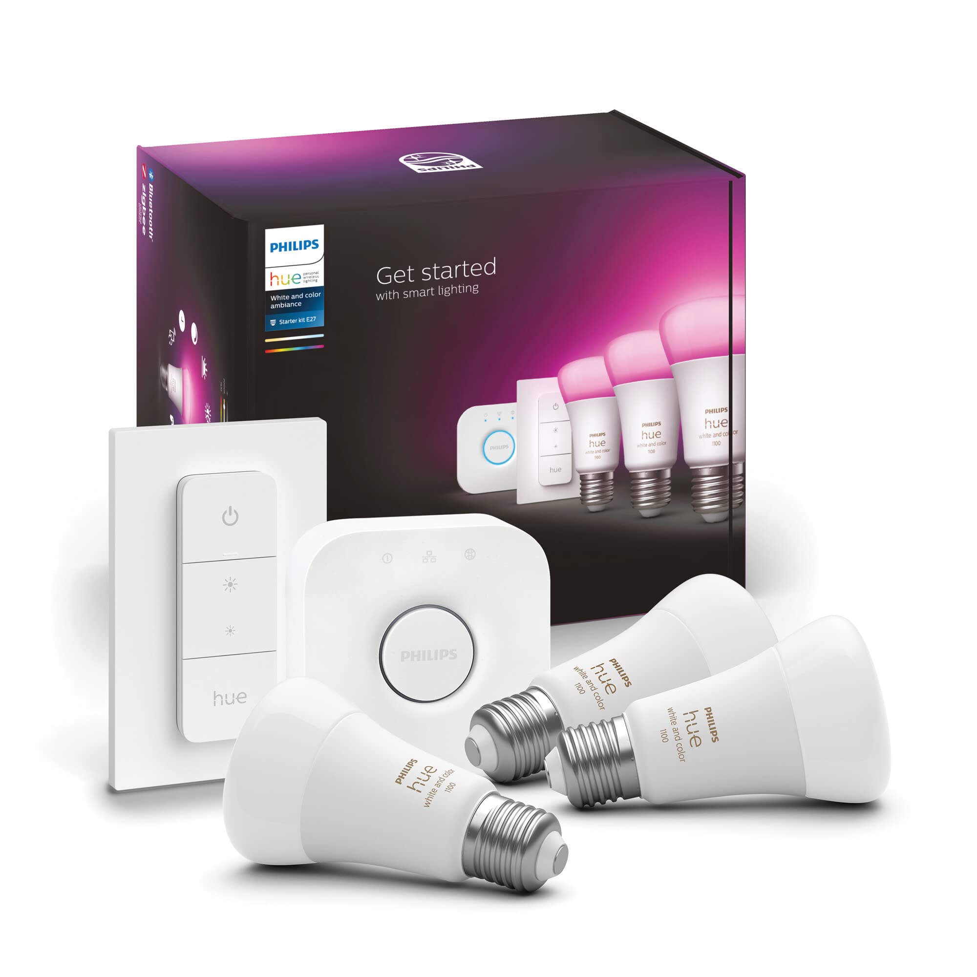 Philips Hue LED-Lampe "White & Color Ambience", E27, 3er Set, inkl. DimmerSwitch