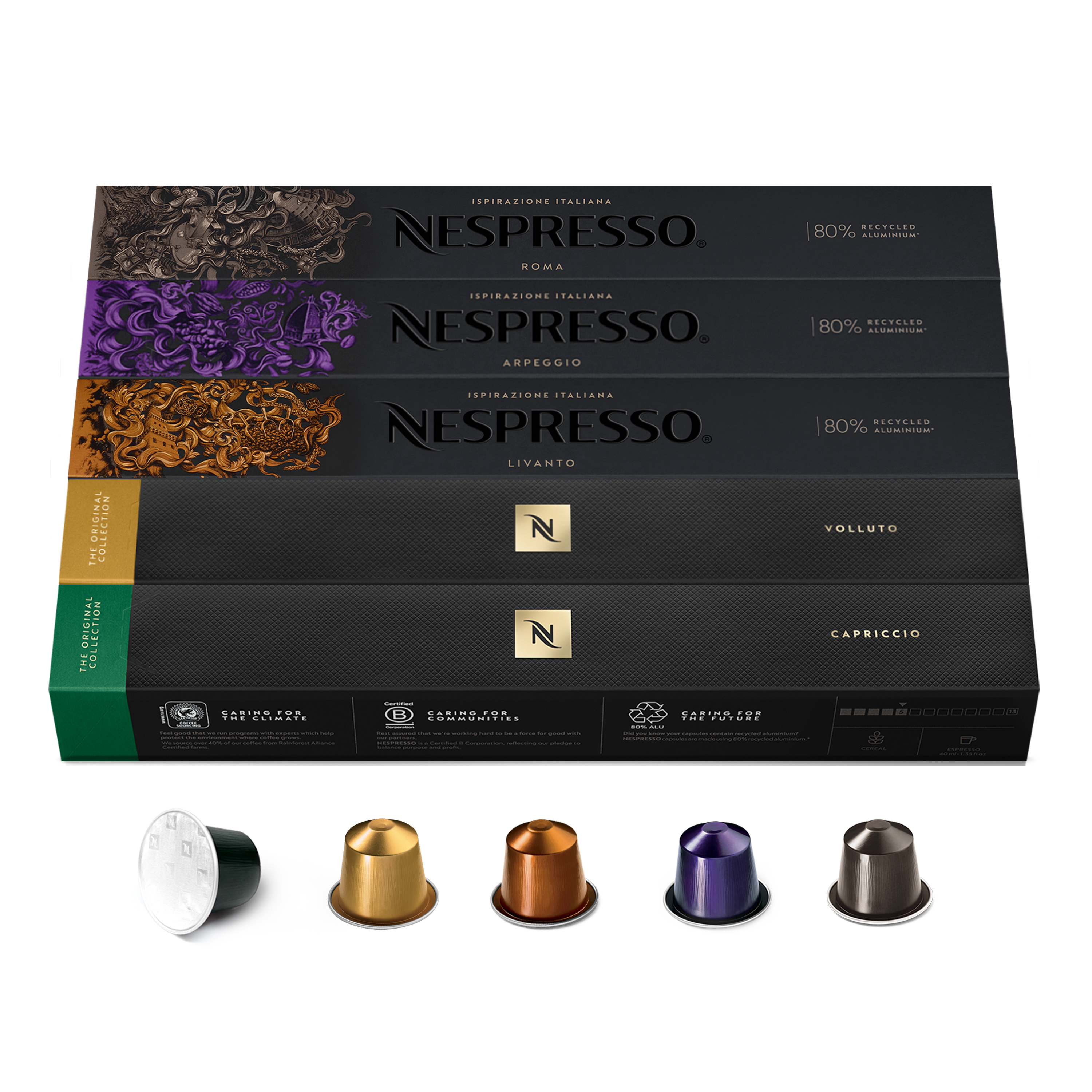 Nespresso ORIGINAL, Auswahl an Espresso Kaffee, helle bis dunklere Röstungen, 50 Kaffeekapseln - 10x Volluto, 10x Capriccio, 10x Livanto, 10x Roma, 10x Arpeggio
