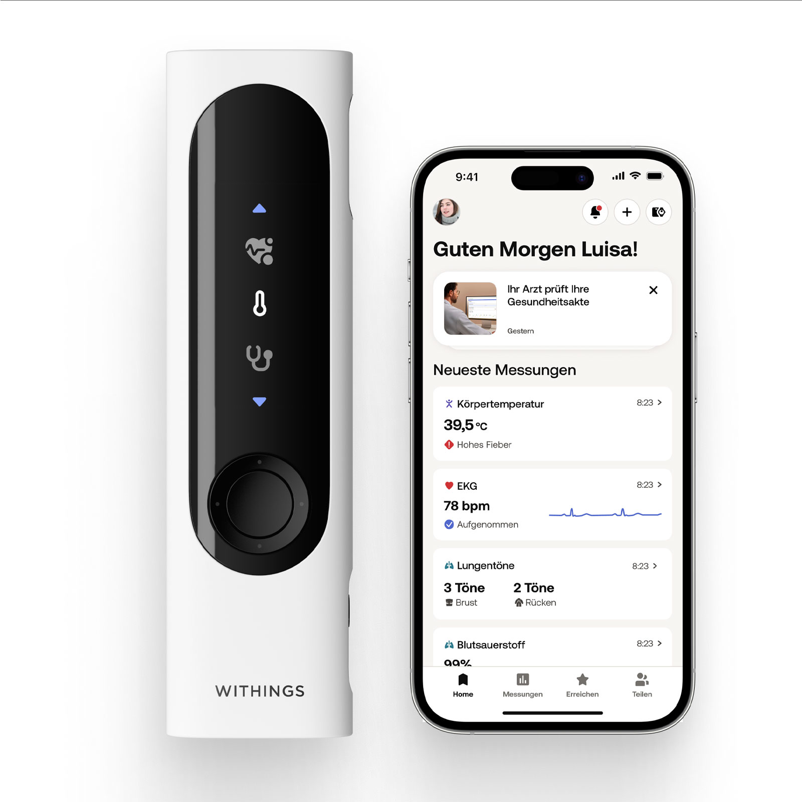 Withings BeamO 4-in-1 Gesundheits-MultiScan Fieberthermometer (EKG, kontaktloses Thermometer, Oximeter, Stethoskop, USB-C, Withings App)