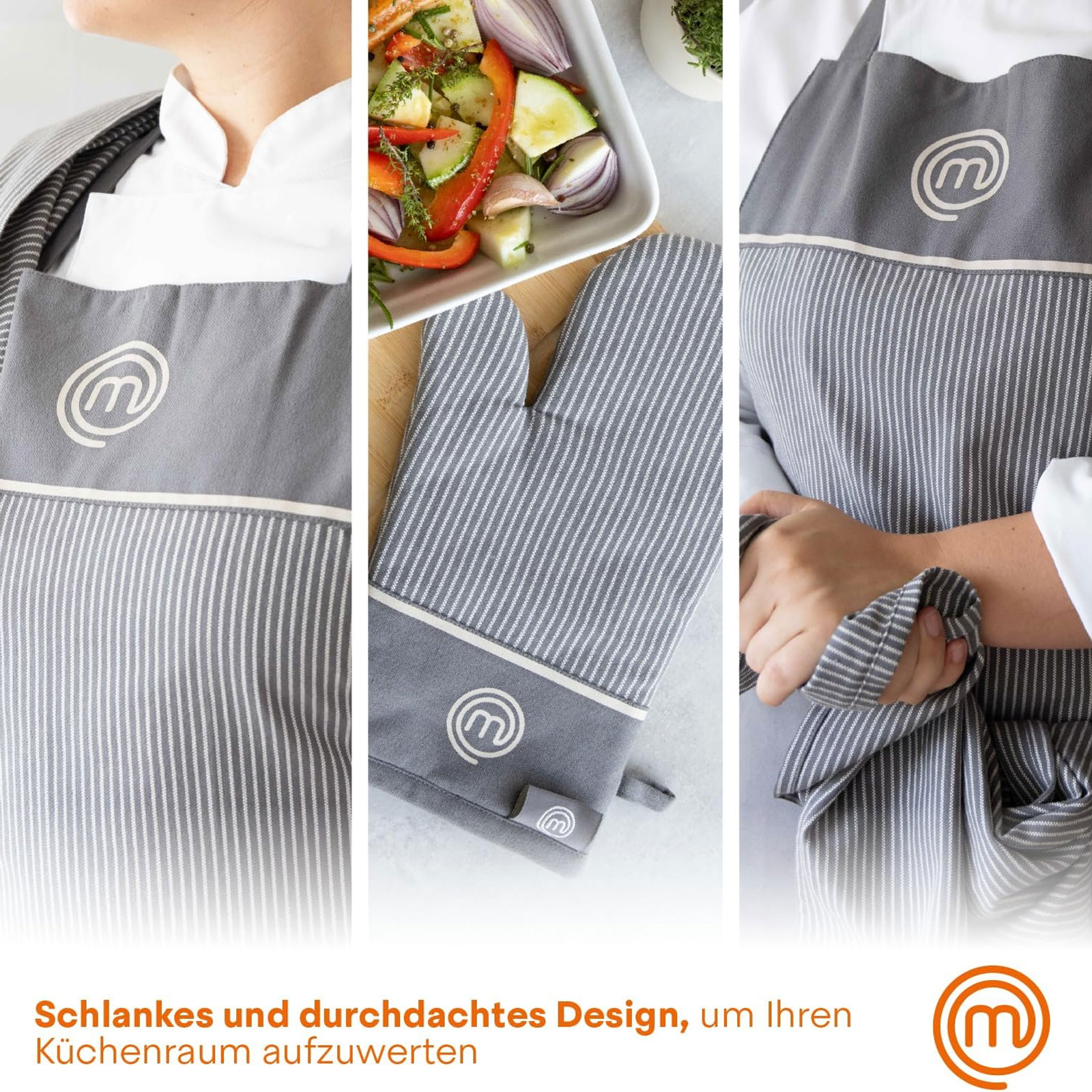 MasterChef FSC Schneidebrett + 5-teiliges Küchenmesser-Set + Küchentextilien-Set 3-teilig