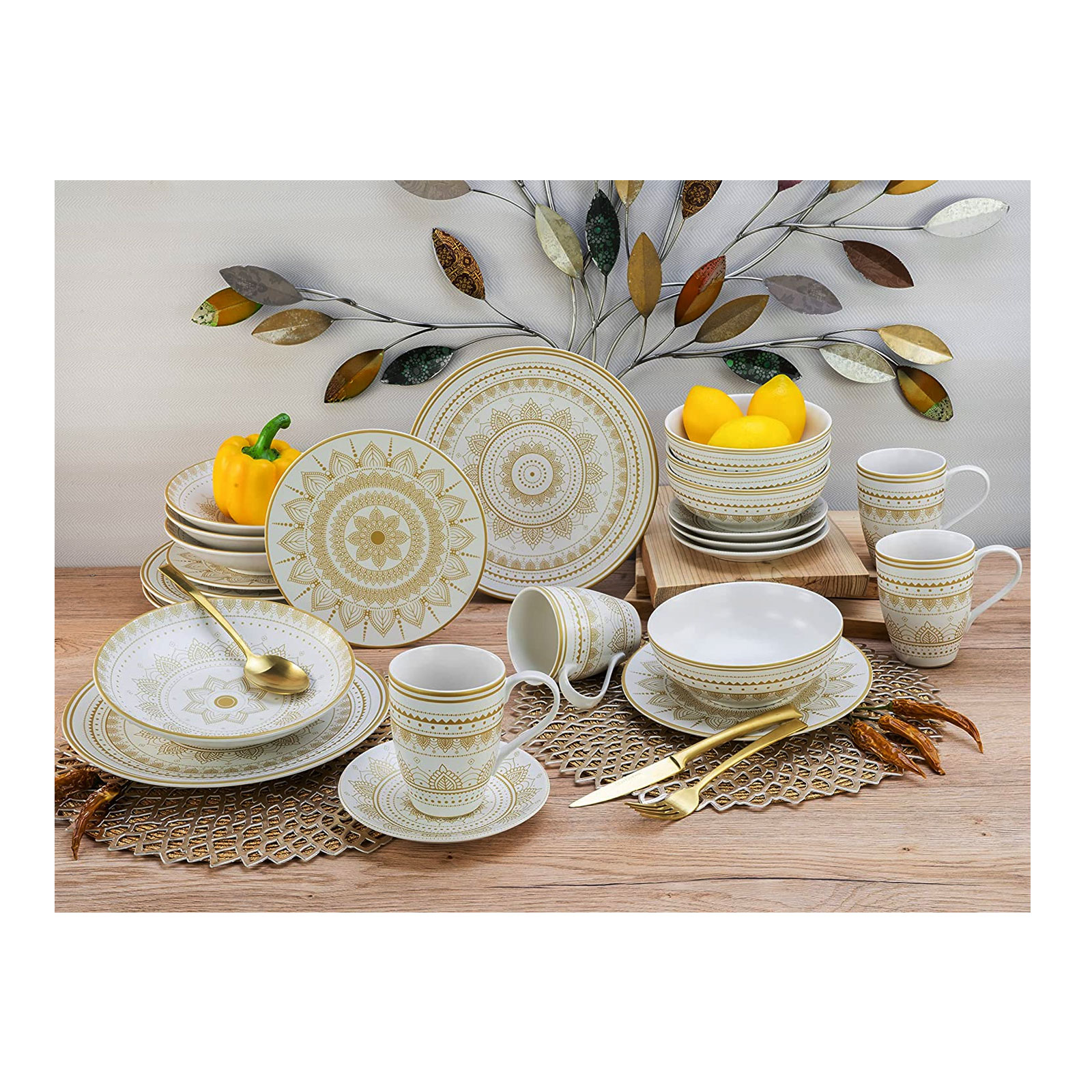 Creatable 23607, Serie MANDALA GOLD - weiss, Geschirrset, Teller Set 12 teilig