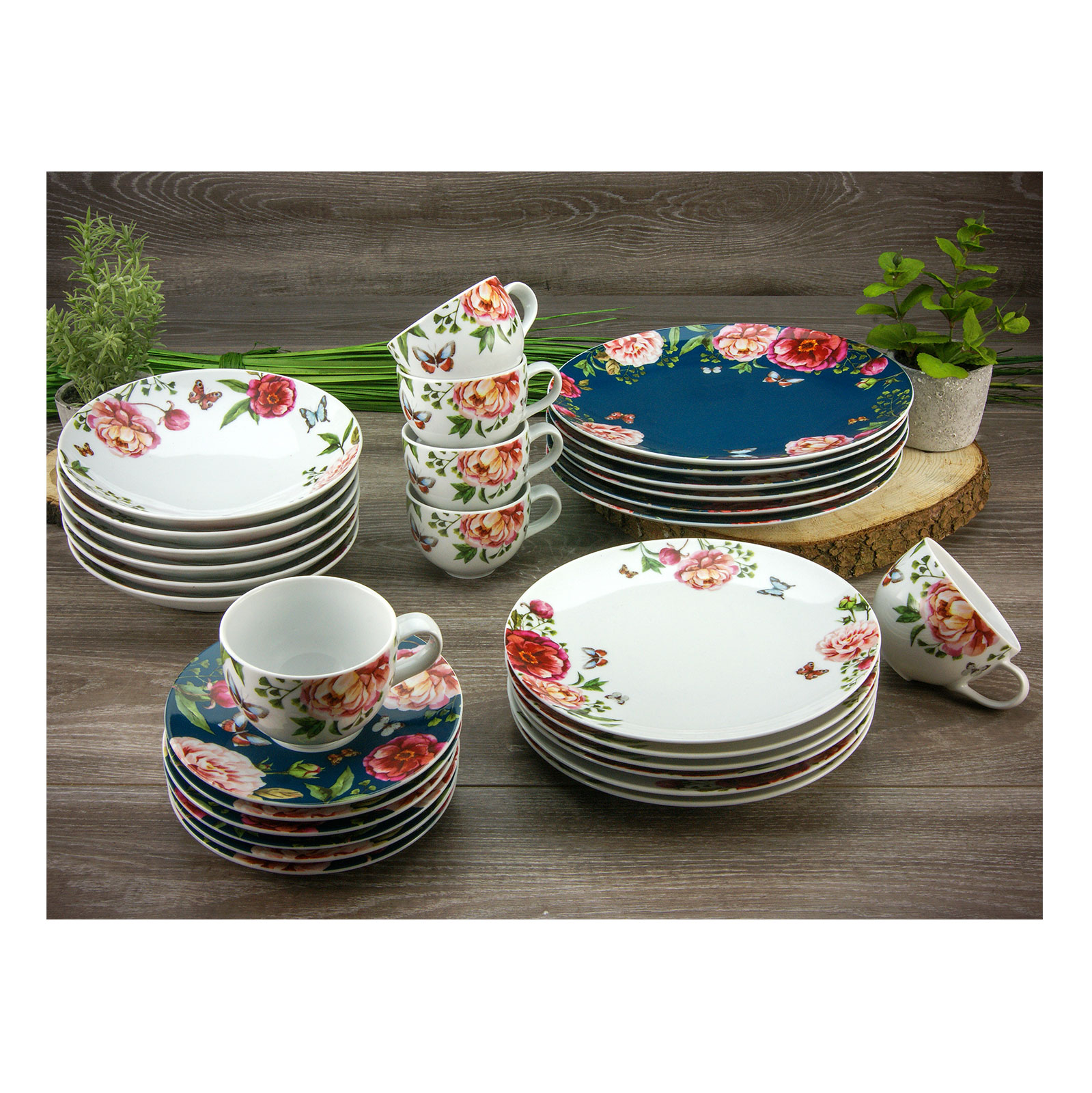 CreaTable, 22221, Serie Enjoy ROSES - Petrol + weiss, Geschirrset, Kombiservice 30 teilig