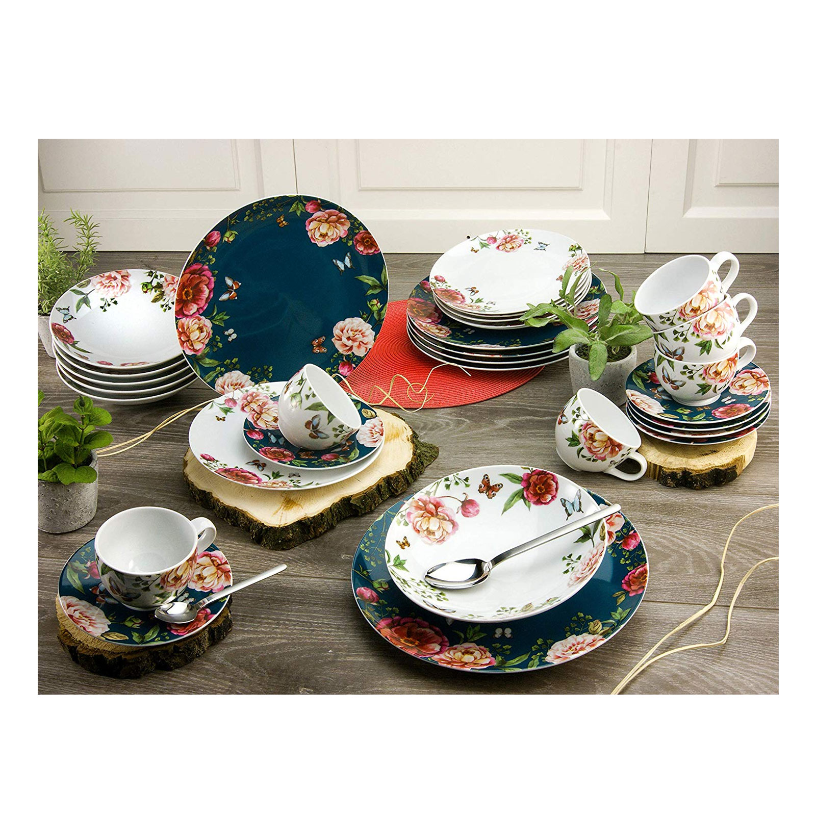 CreaTable, 22221, Serie Enjoy ROSES - Petrol + weiss, Geschirrset, Kombiservice 30 teilig