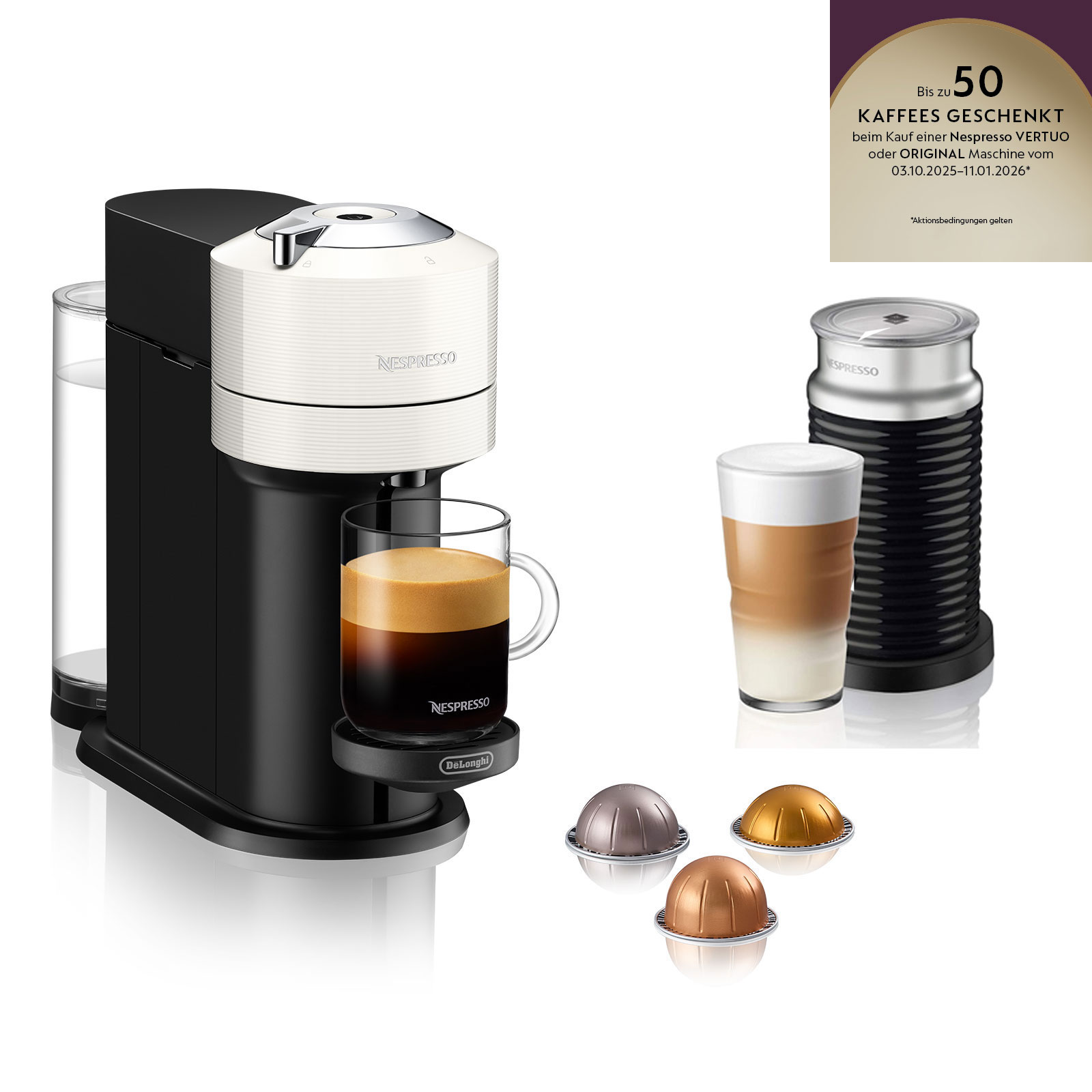 Delonghi ENV120.W VertuoNext Basic + Nespresso Aeroccino 3 Milchaufschäumer