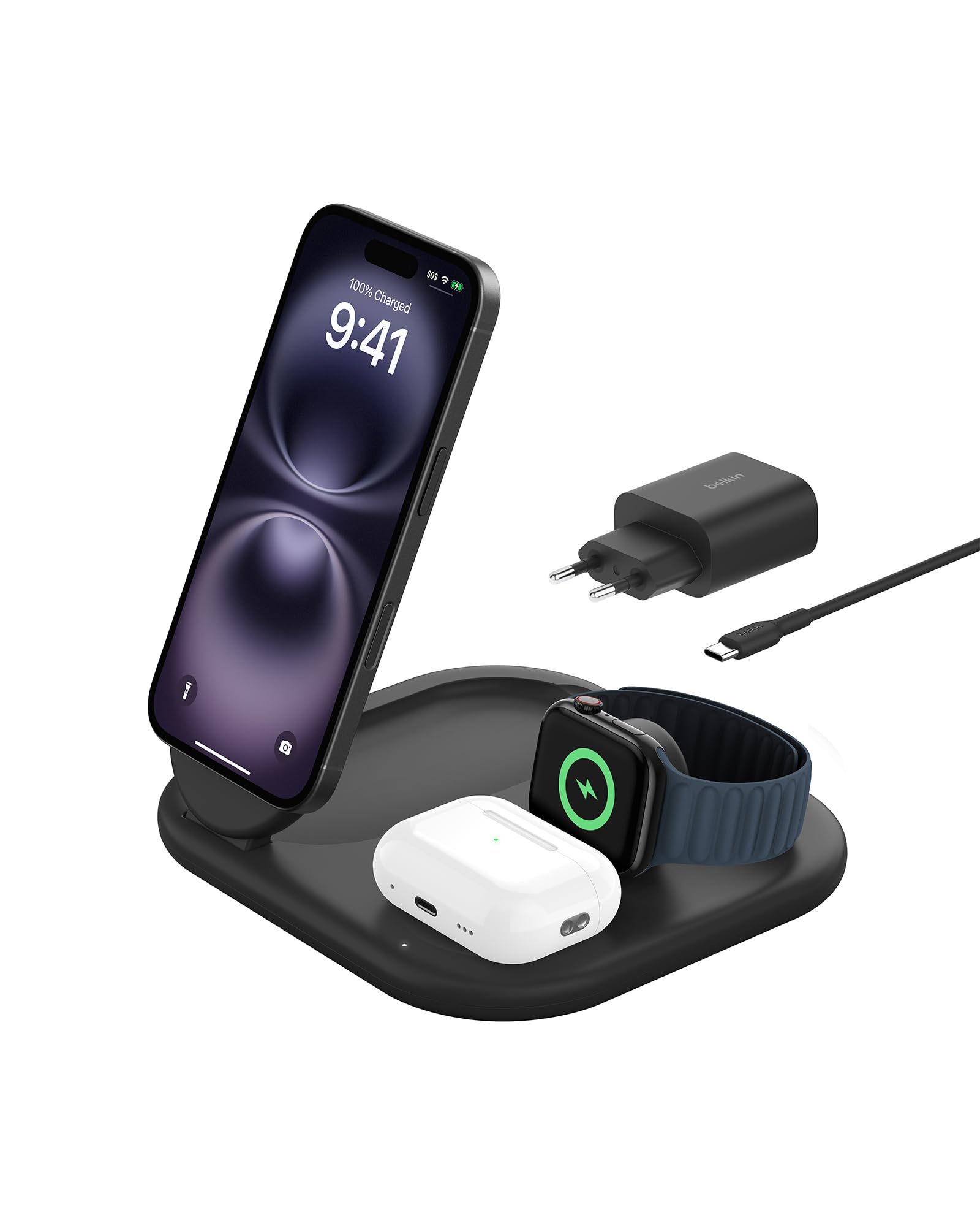 BELKIN Boost Charge Magnetische, einklappbare, kabellose 3-in-1-Ladestation mit Qi2 (15 W)