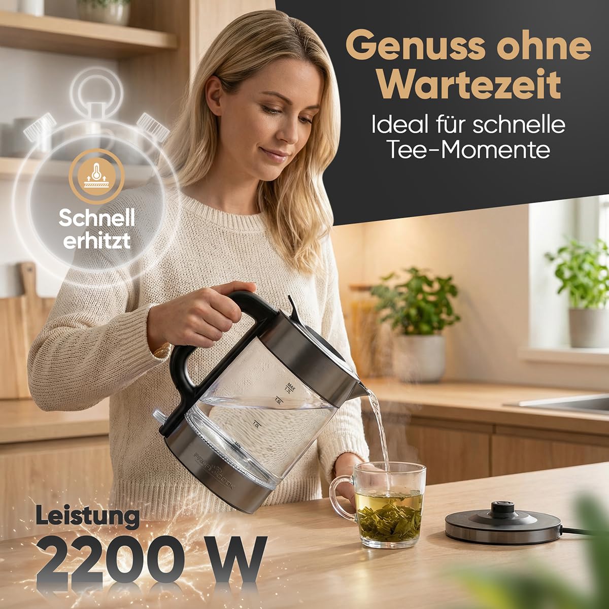 ProfiCook® Wasserkocher Glas | 1,7L | 2200W | beleuchtet | Einhandbedienung