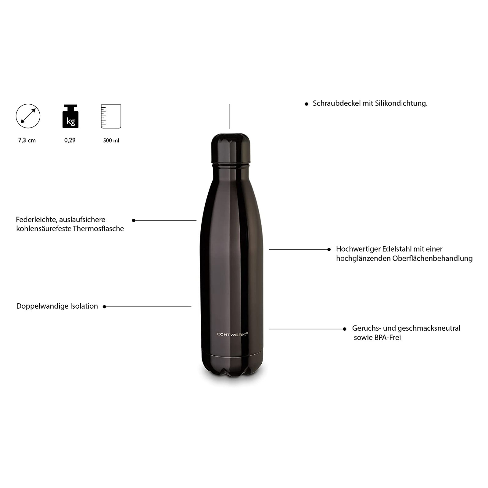 Echtwerk EW-VF-1801 Trink-/Isolierflasche aus Edelstahl „Shiny“ 500ml