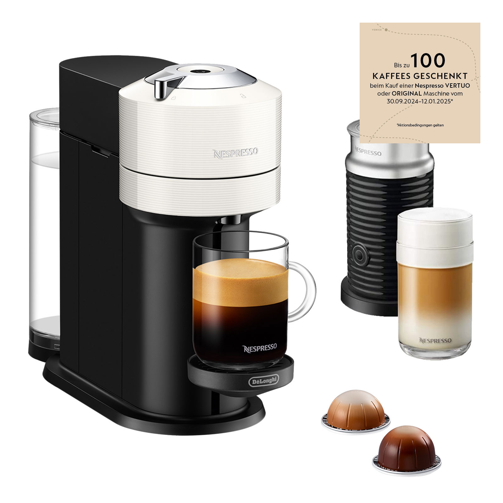 Delonghi ENV120.W VertuoNext Basic + Nespresso Aeroccino 3 Milchaufschäumer