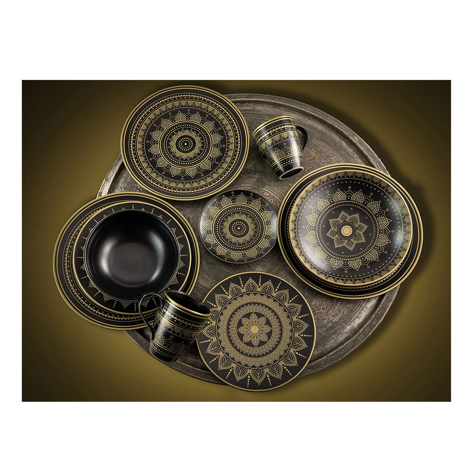 CreaTable, 23586, Serie MANDALA GOLD - schwarz, Geschirrset, Kombiservice 16 teilig