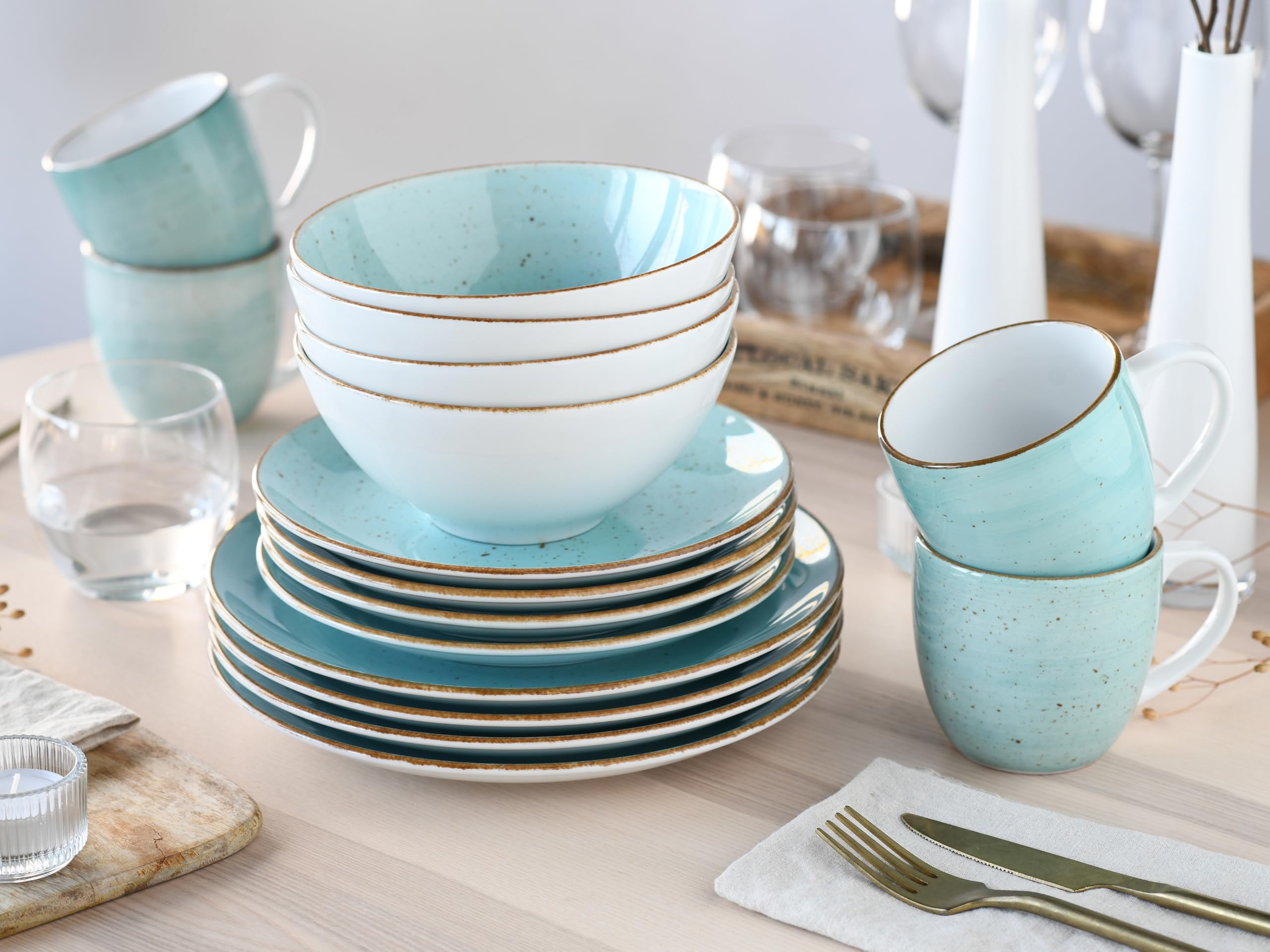 Creatable, 24539, Serie Vintage Nature Aqua, 16-tlg Geschirrset für 4 Personen