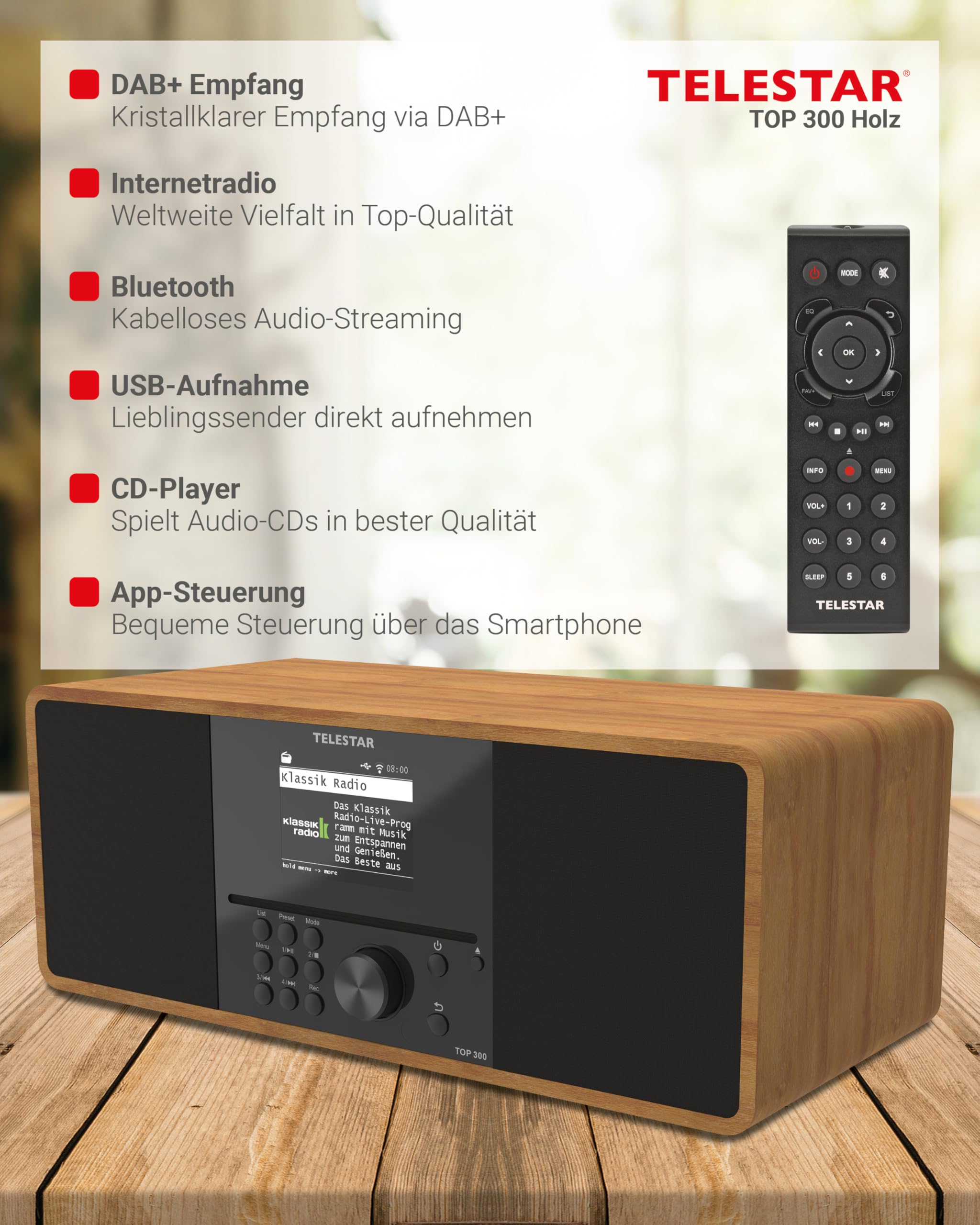 TELESTAR TOP 300 DAB+ Internetradio mit CD-Player Streaming Bluetooth USB Holz