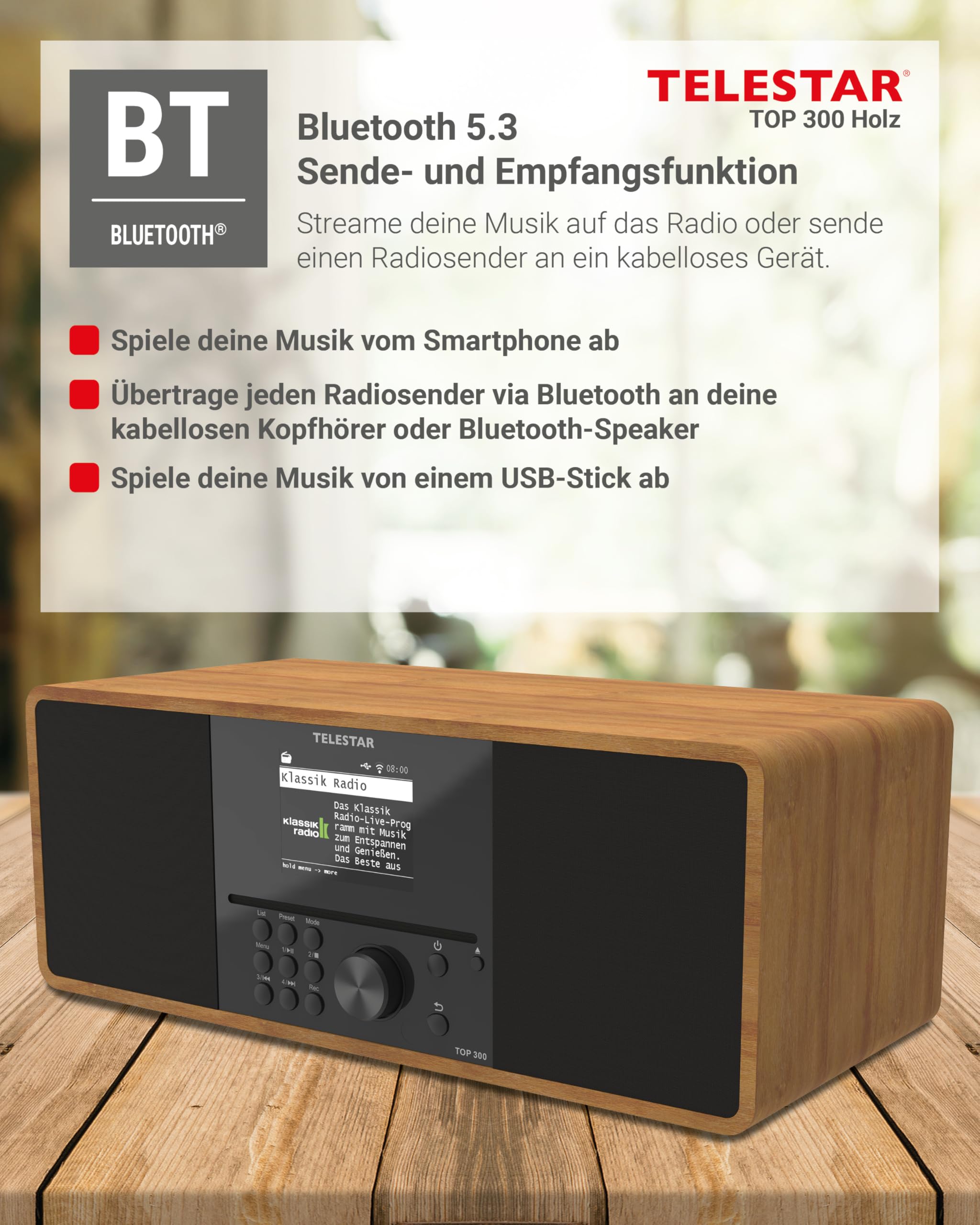 TELESTAR TOP 300 DAB+ Internetradio mit CD-Player Streaming Bluetooth USB Holz