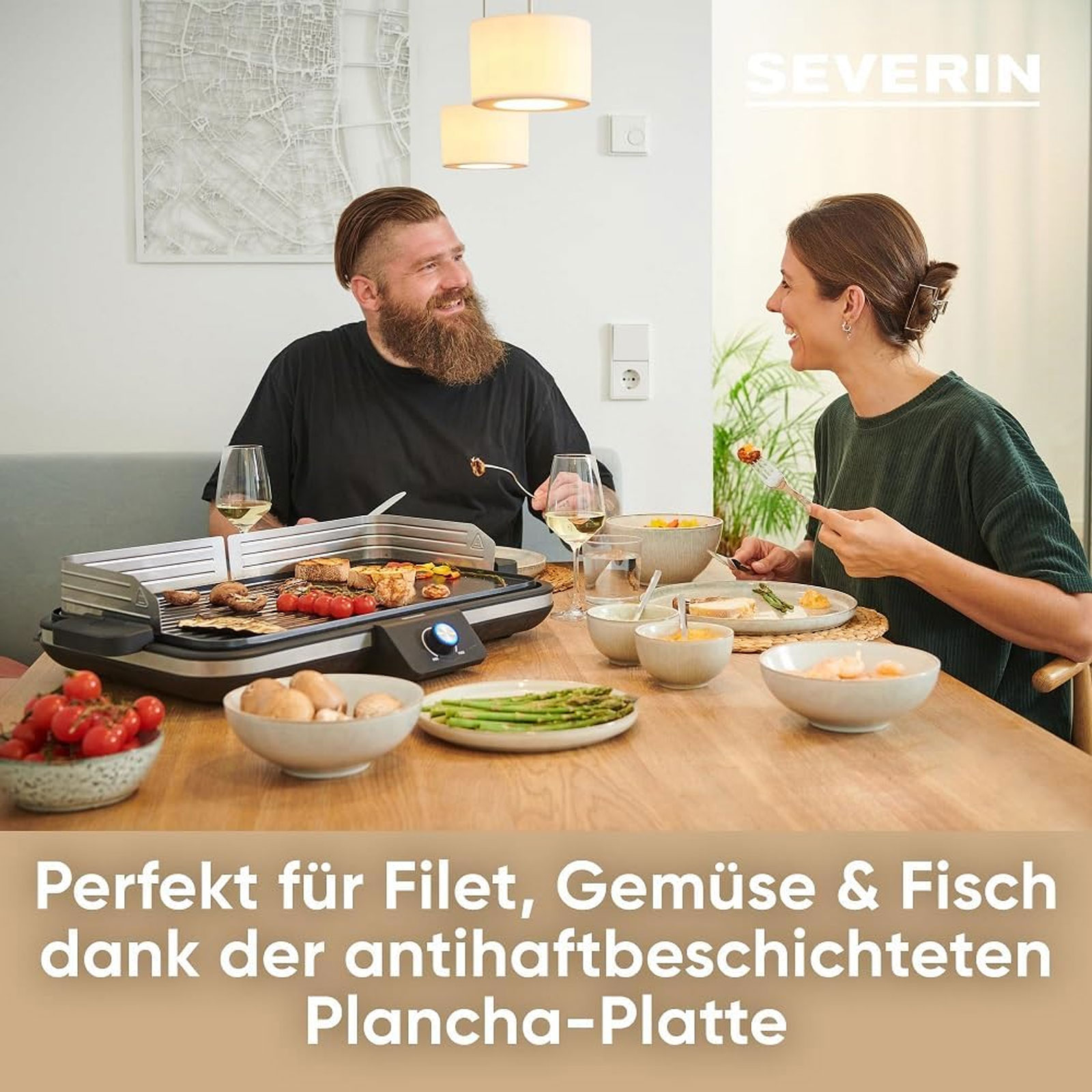 SEVERIN PG 8564 Plancha Tischgrill (2300 Watt, Kunststoff / Edelstahl / Aluminium, stufenlose Regulierung, Grillfläche: 1500cm², antihaftbeschichtet, Windschutz)