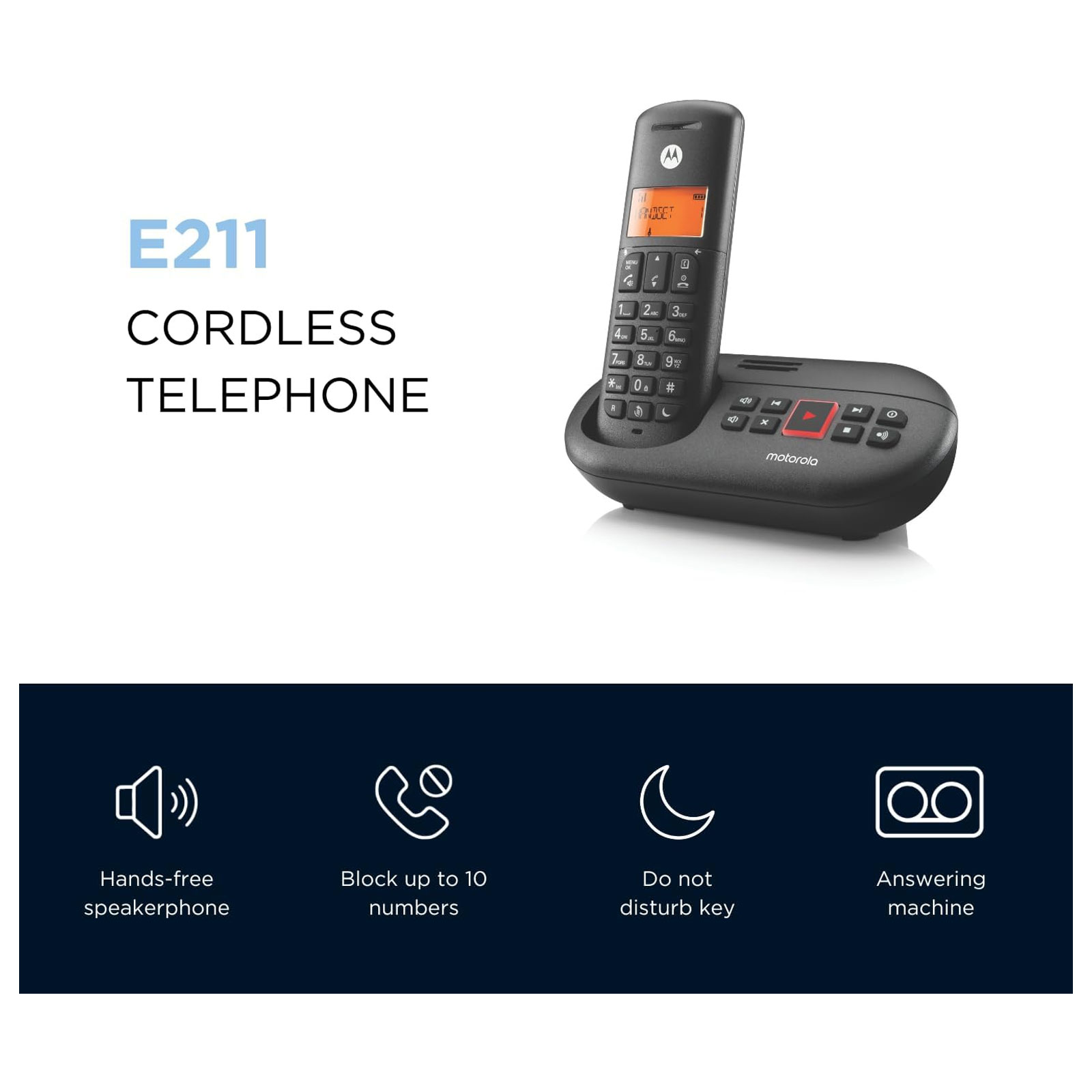 Motorola E211 Schwarz Schnurloses Telefon (Seniorentelefon, Große Tasten, Basisstation, mit Anrufbeantworter, DECT)