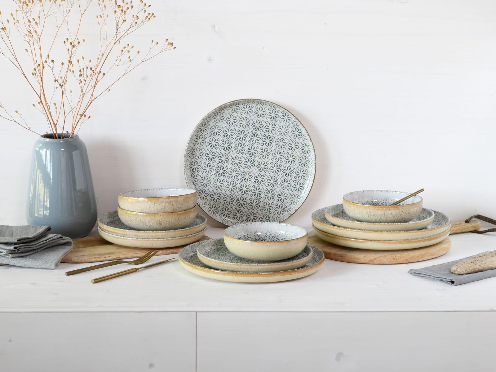 CreaTable, 24087, Serie Uno Emiliana Grau, 12-tlg Geschirrset für 4 Personen