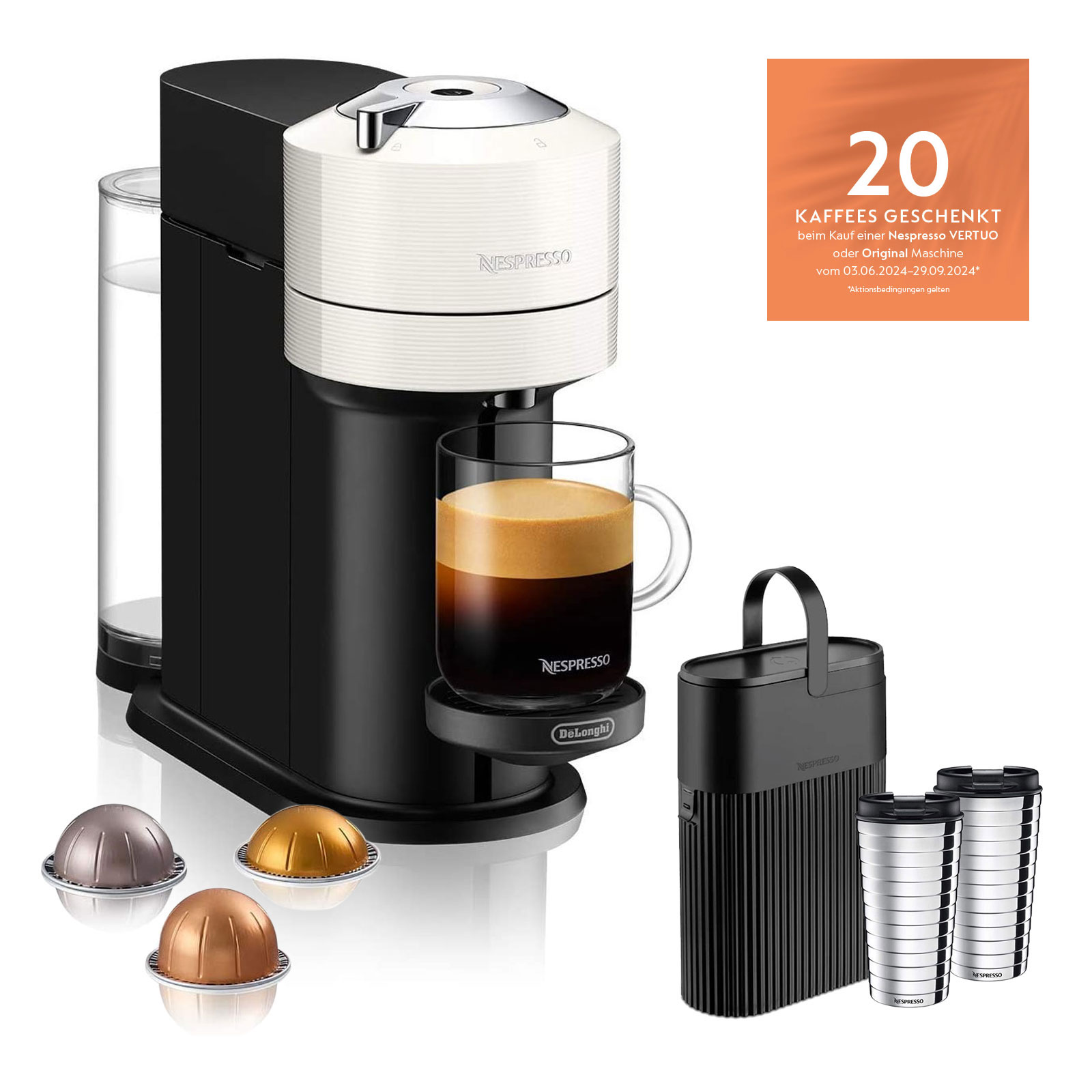 Delonghi ENV120.W VertuoNext Basic + Nespresso Geschenk-Set Recycling Behälter + Travel Mug