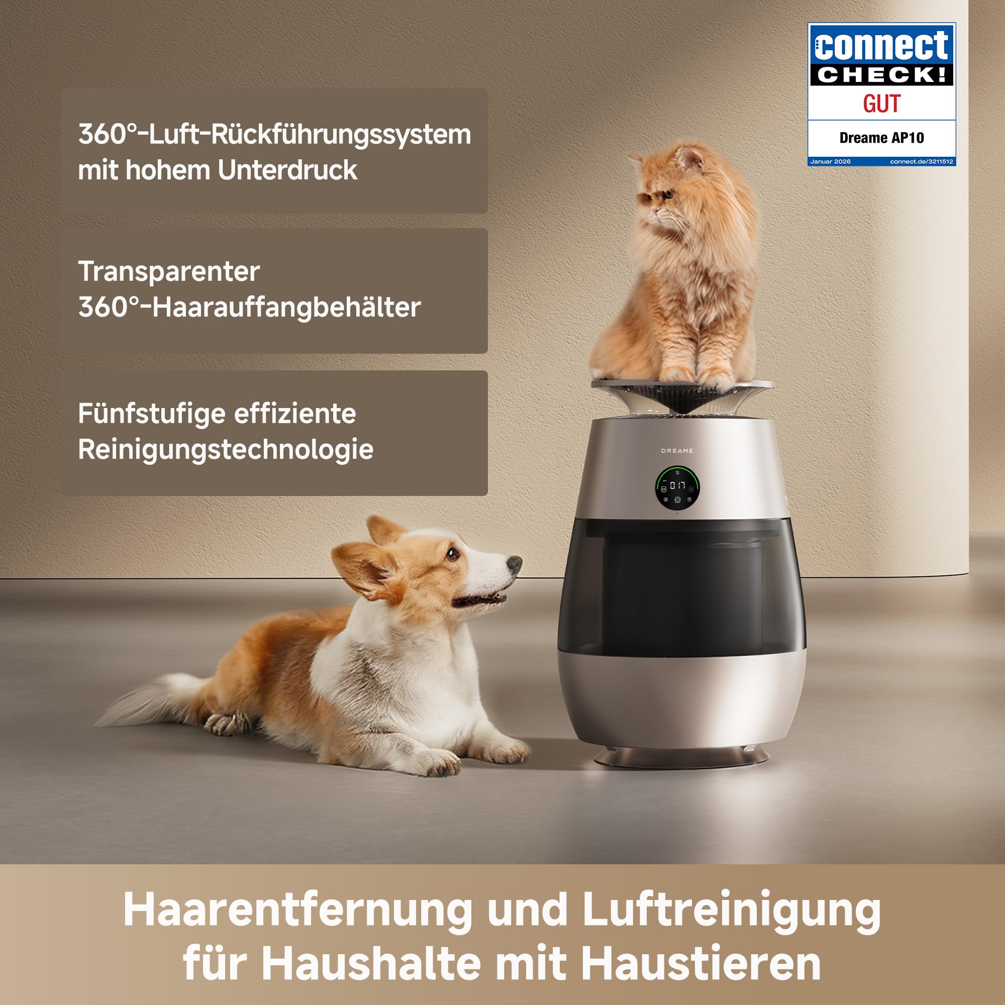 DREAME Haustier-Luftreiniger AP10, 360°-Luft-Unterdruck-Rückführungssystem