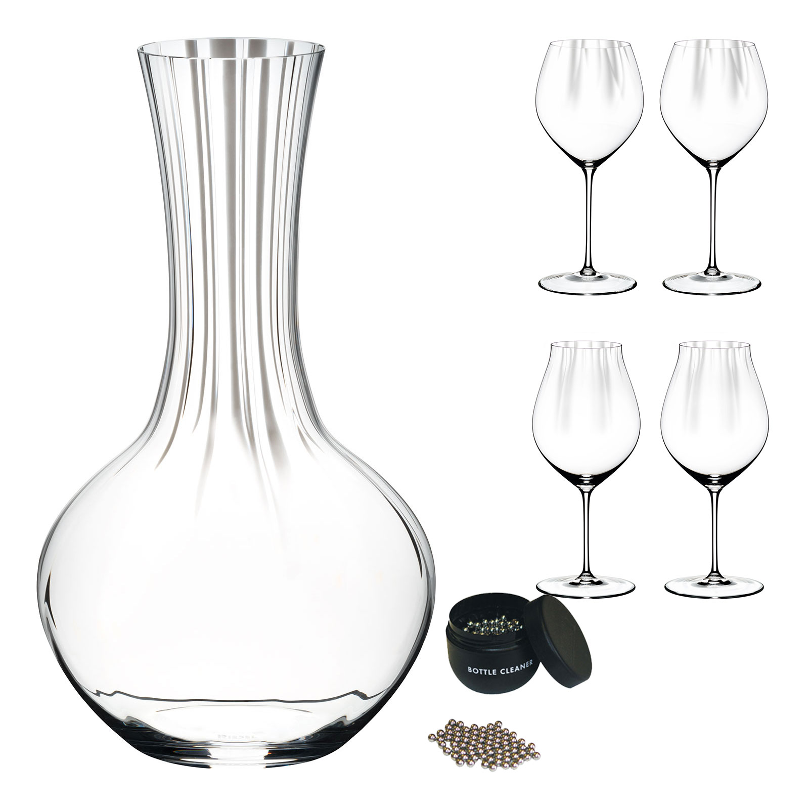 Riedel Performance Dekanter + Riedel Performance Pinot Noir Rotweinglas 2er Set + Riedel Performance Chardonnay Weißweinglas 2er Set inkl. Reinigungskugeln