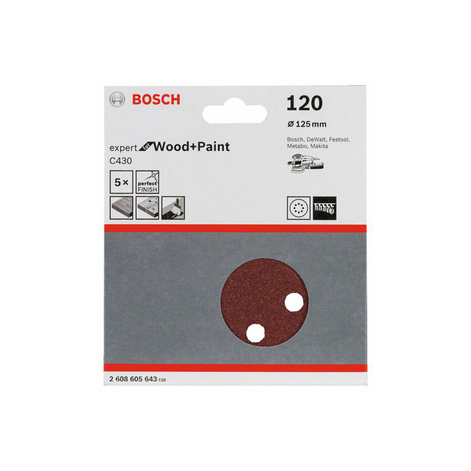 Bosch Professional Schleifblatt C430, 125 mm, 120, 8 Loecher, Klett, 5er-Pack