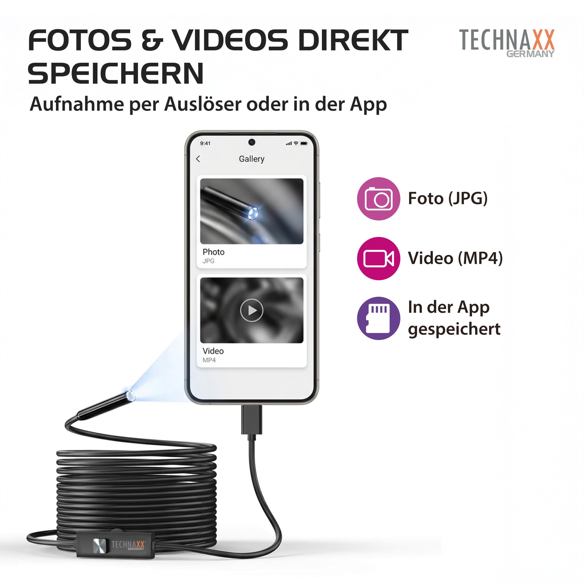 Technaxx USB-C Endoskopkamera TX-386 – Inspektionskamera mit Licht