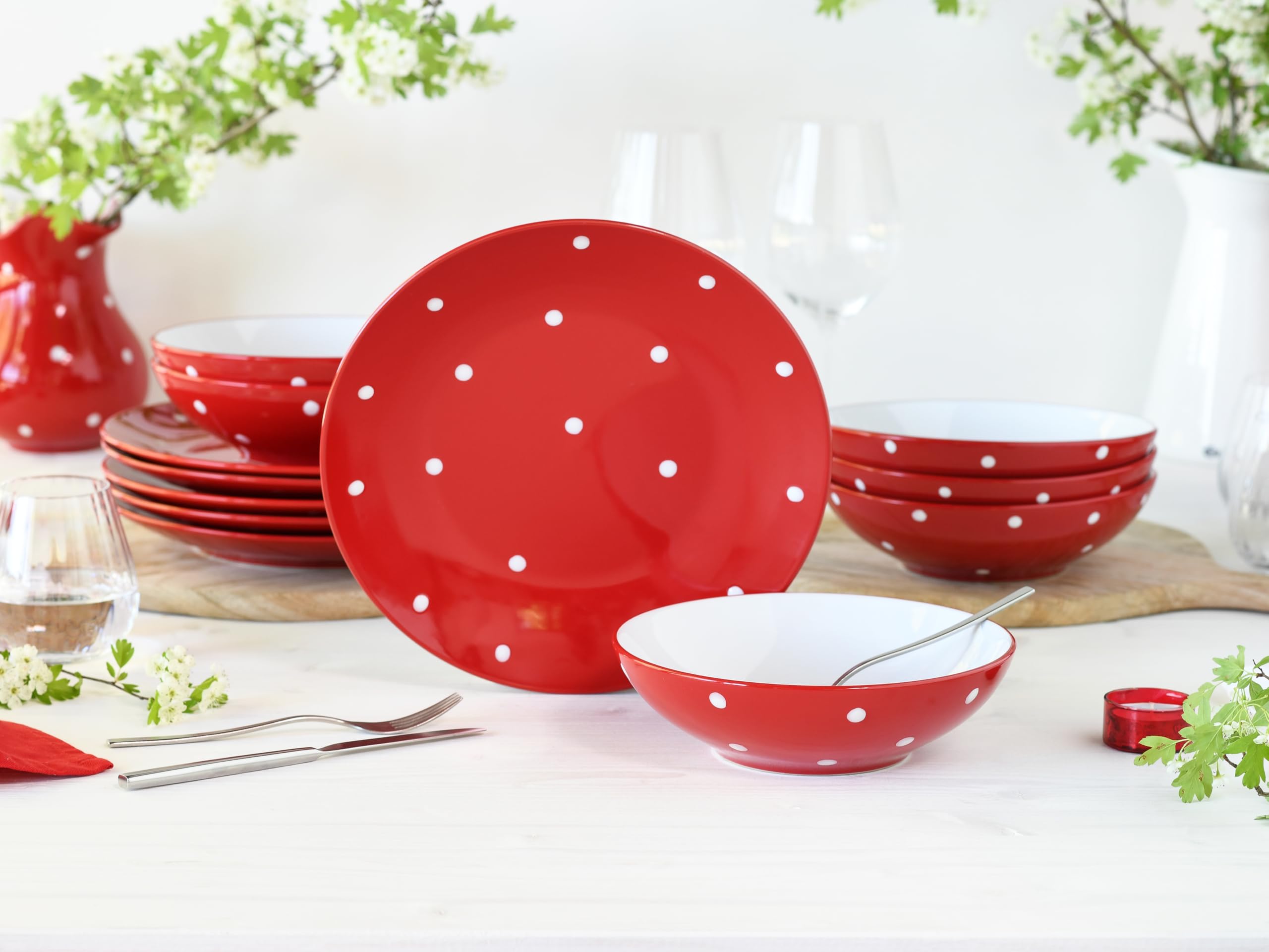 CreaTable 24593 Tafelservice Serie Polka Dots Rot-Weiss 12-tlg.  6 Personen