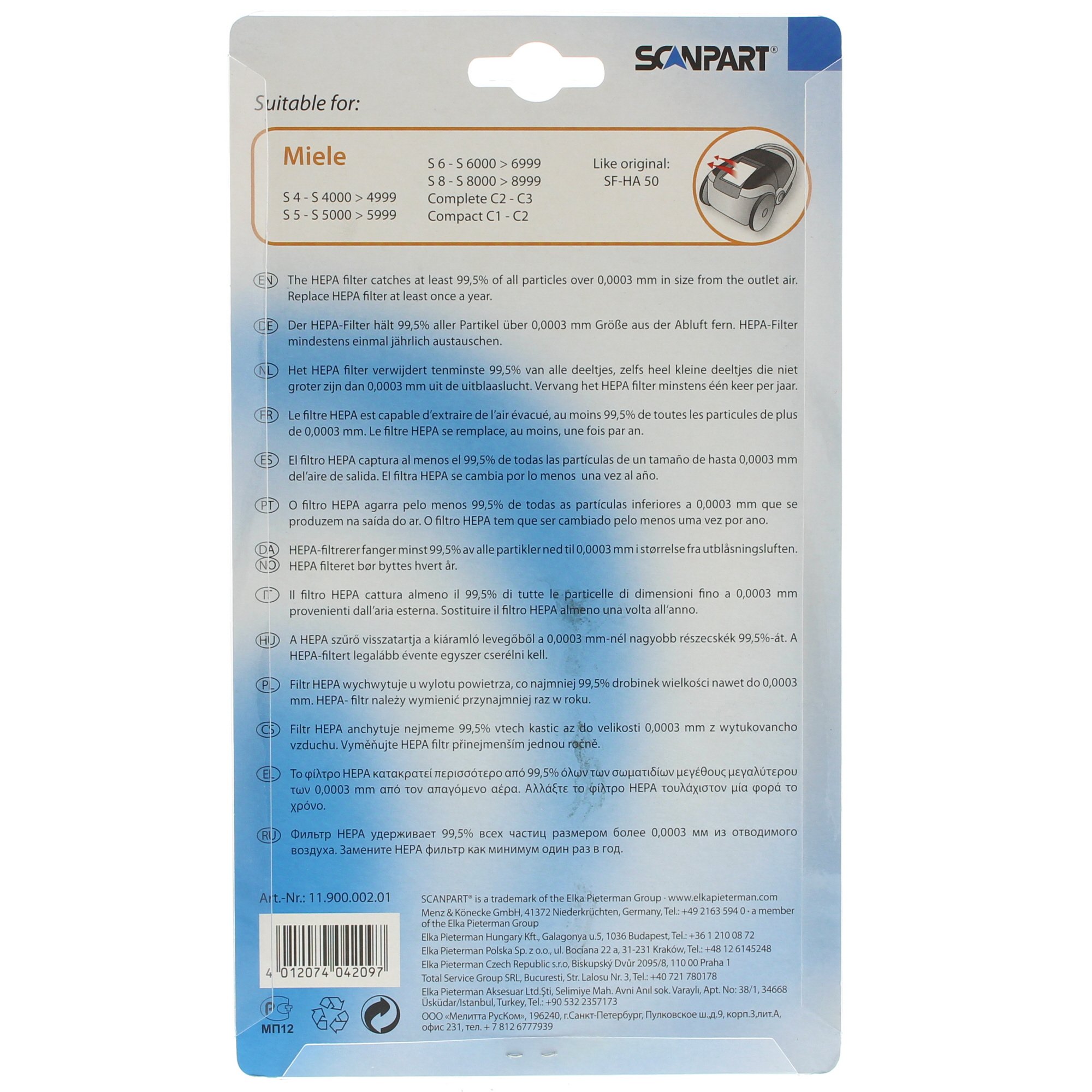 Scanpart Hepa Filter, Typ SF-AH 50, passend für Miele S4, S5, S6, S8