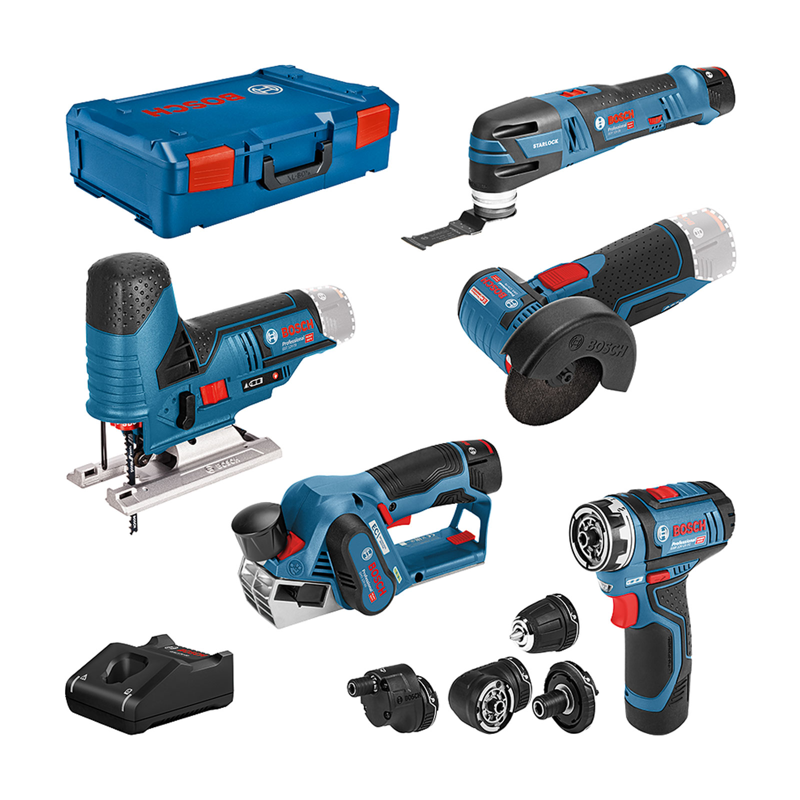 Bosch Professional 5er Werkzeug-Set 12V: GSR + GOP + GHO + GWS + GST + 3x GBA + GAL + XL-BOXX