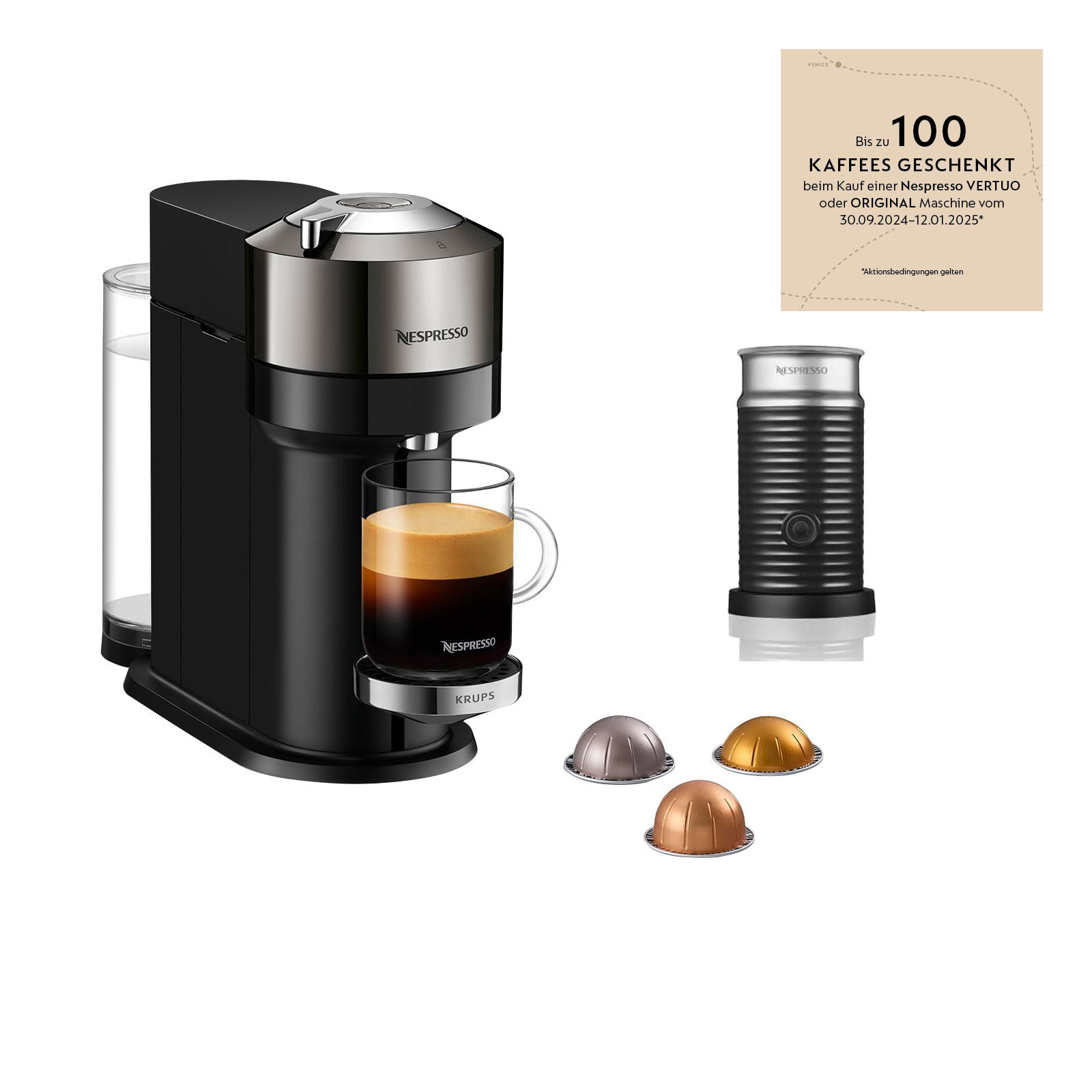 Krups XN 910C Nespresso Vertuo Next Dark Chrome + Nespresso Aeroccino 3 Milchaufschäumer