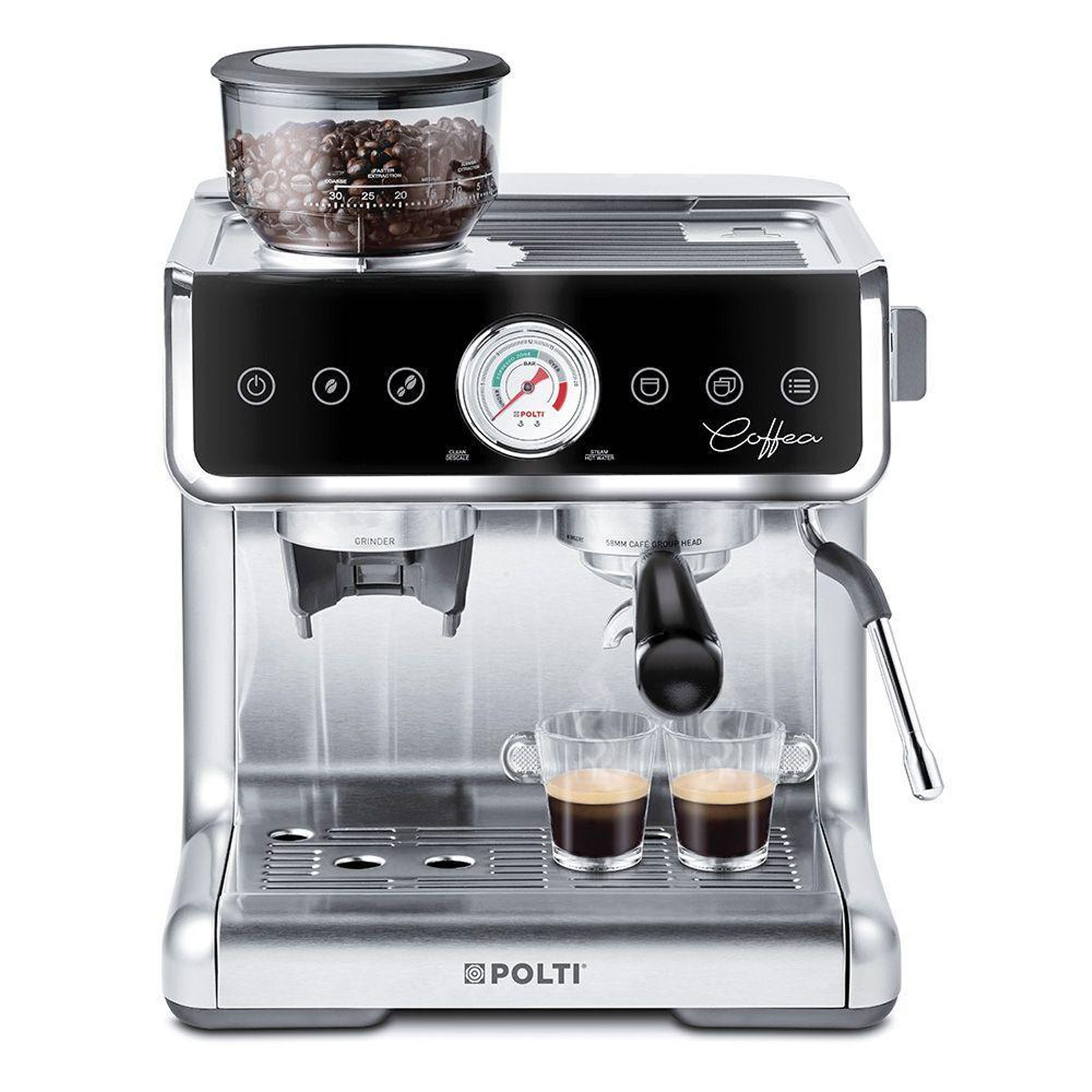 Polti Coffea G50S Siebträger-Espressomaschine (15 bar, 1600 Watt, Barista, Touchpanel, Edelstahl-Tamper, 30 Mahlgrade, 2,8 Liter Wassertank, Doppel-Ausgabe)