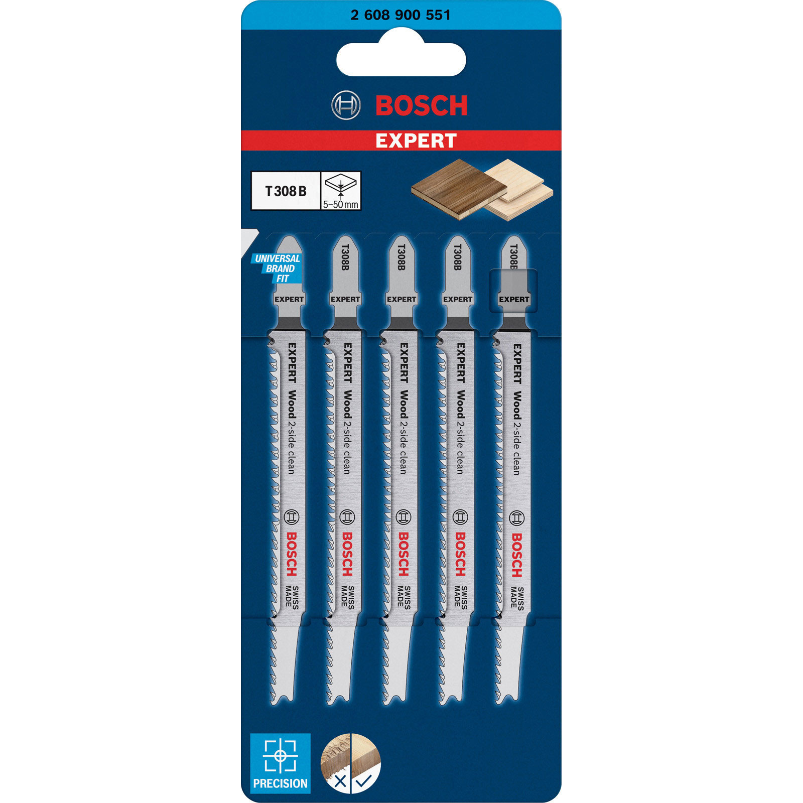 Bosch Professional Expert Wood 2-side clean T 308 B Stichsaegeblatt, 5 Stueck. Fuer Stichsaegen