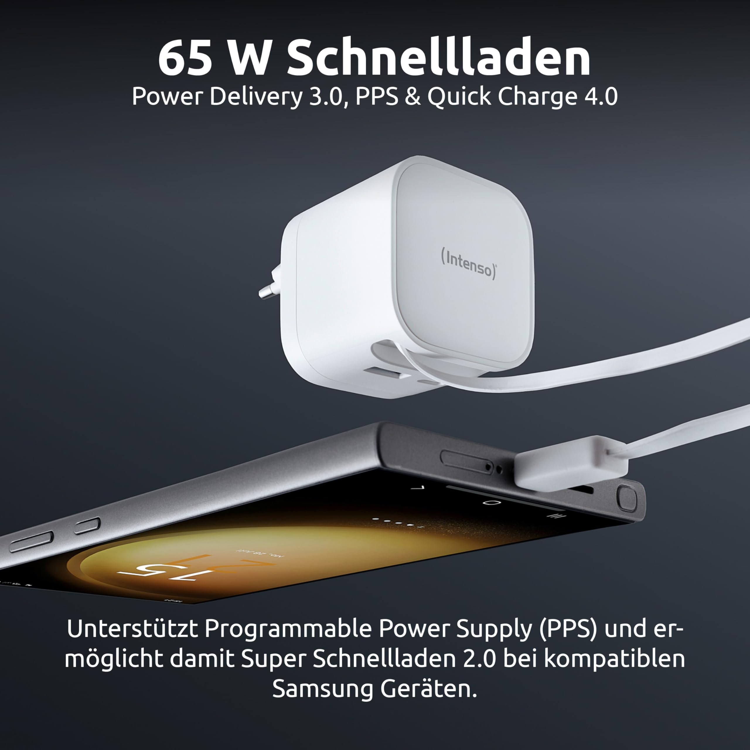 Intenso Power Adapter W65ACIC - 65W USB-C GaN Ladegerät mit ausziehbarem Kabel