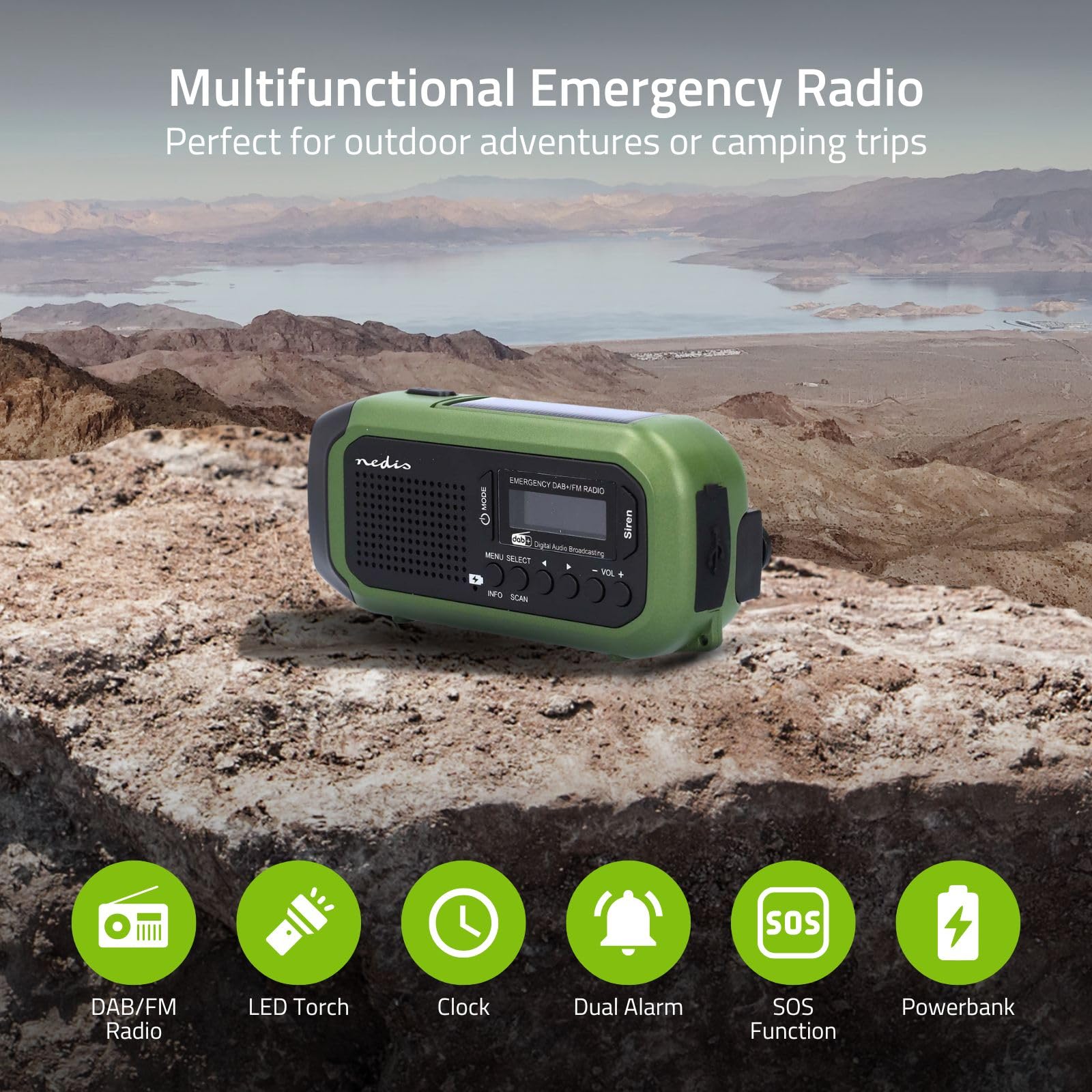 NEDIS RDDBCR2000 grün Notfallradio DAB+ FM Wecker, tragbar Batterie Solar