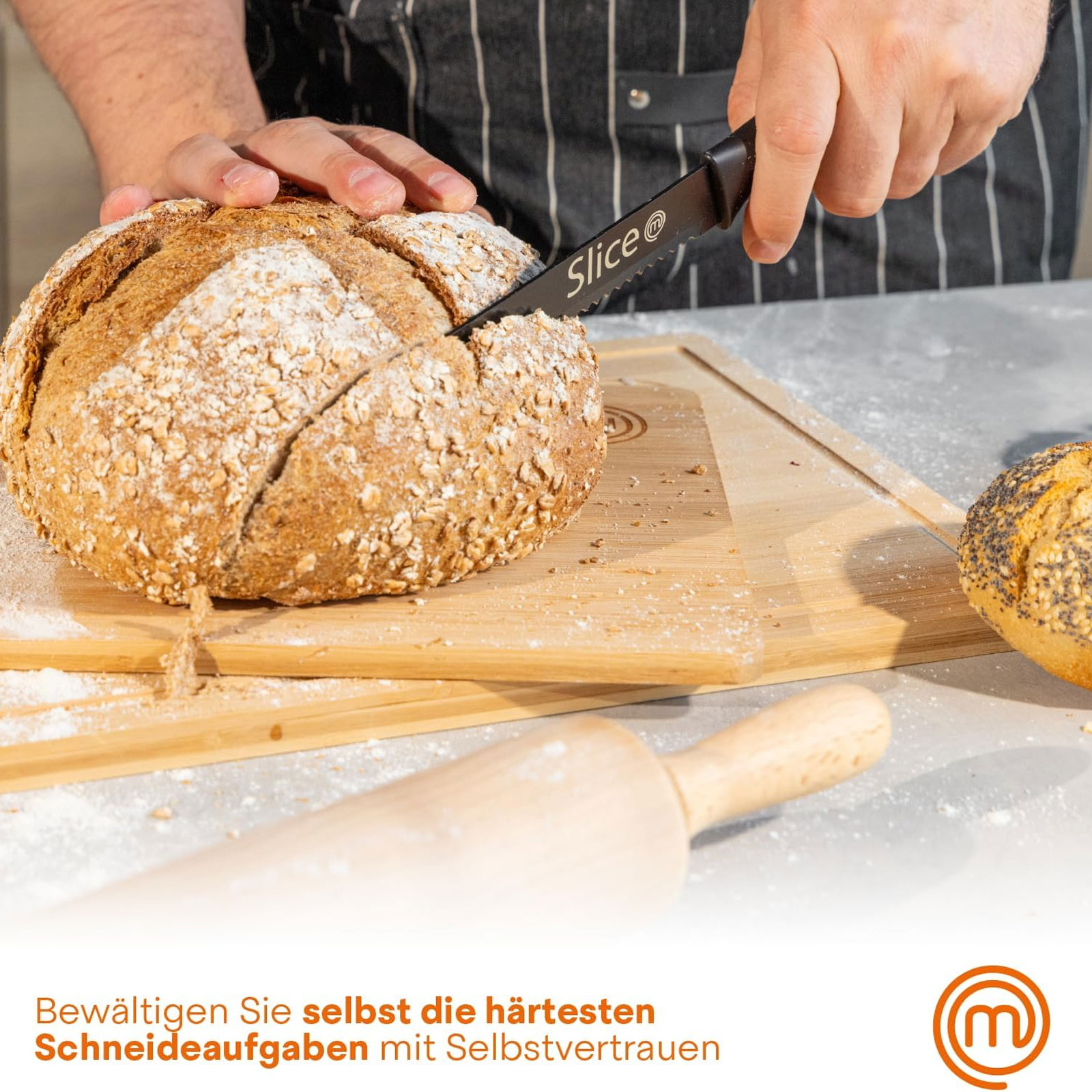 MasterChef FSC Schneidebrett + 5-teiliges Küchenmesser-Set + Küchentextilien-Set 3-teilig