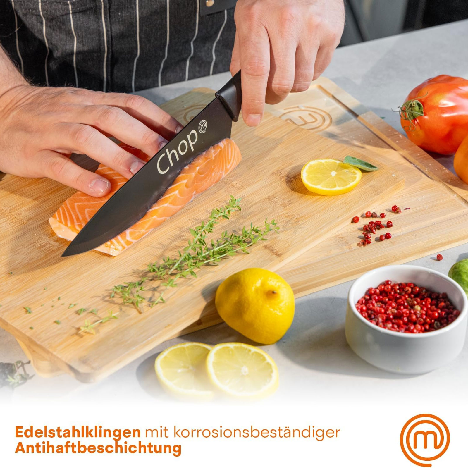 MasterChef Küchentextilien-Set 3-teilig + 5-teiliges Küchenmesser-Set