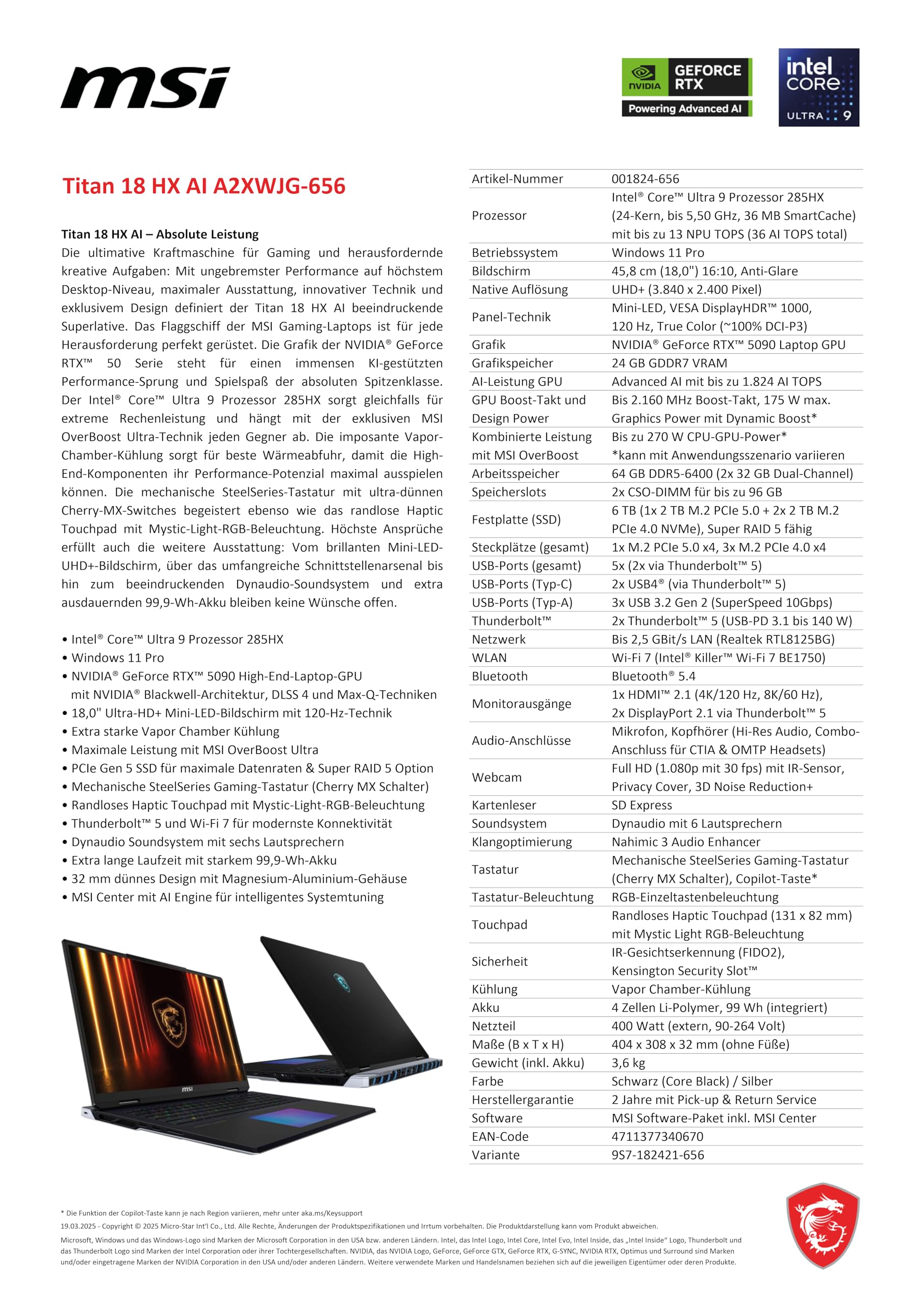 MSI Titan 18 HX AI Gaming-Laptop