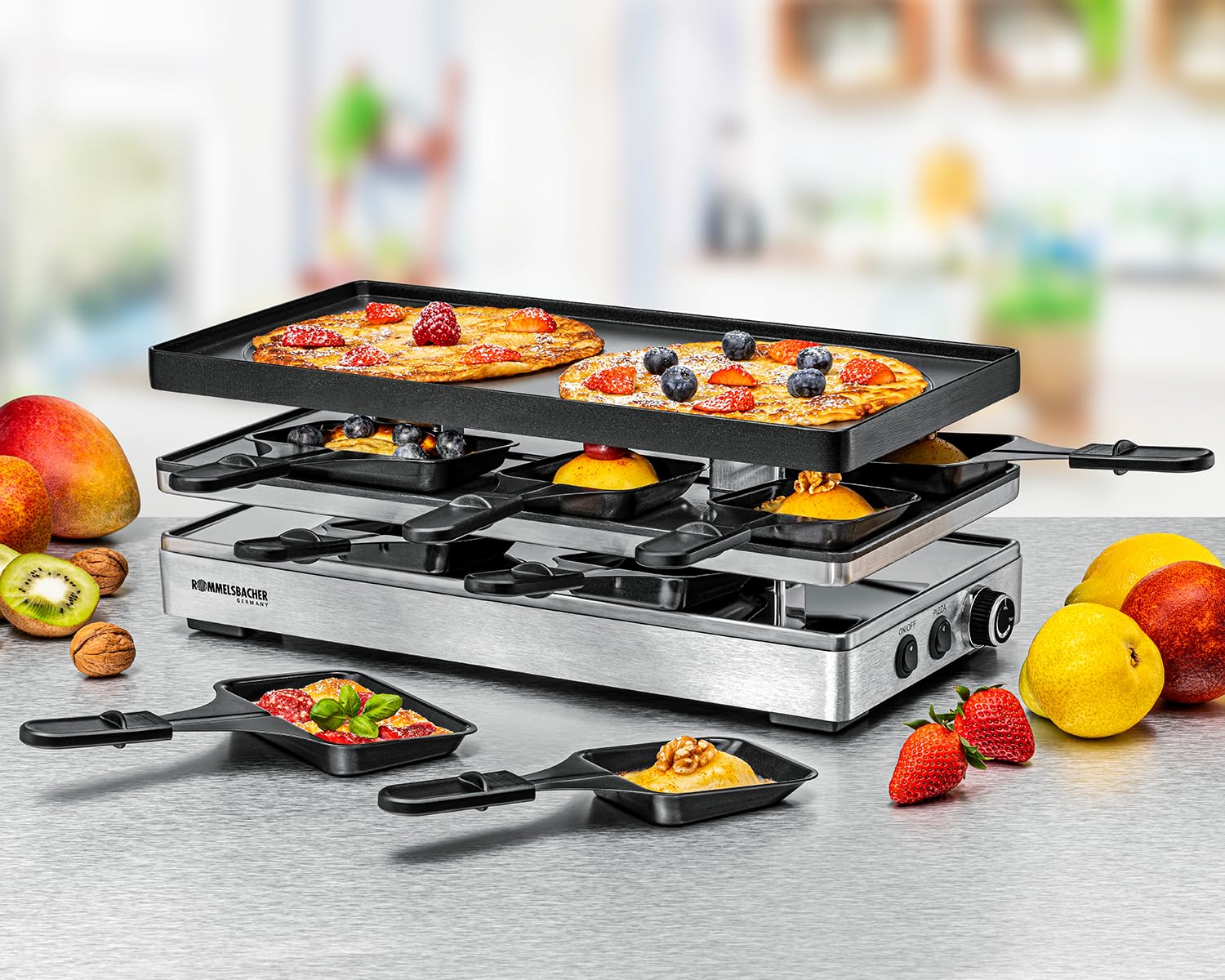 ROMMELSBACHER Pizza Raclette RCP 1800, Wendeplatte (Grillmuster/Crêpes)