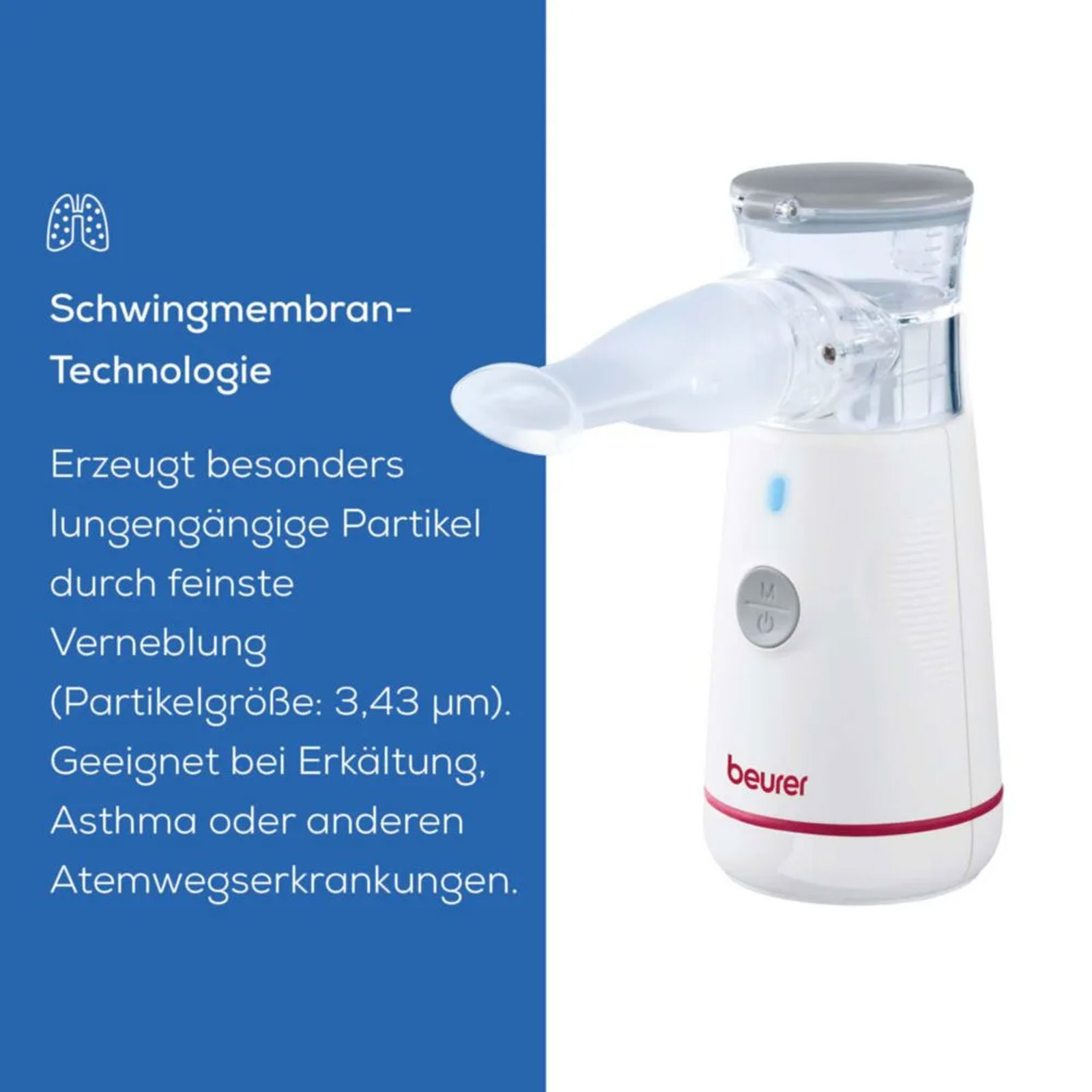 BEURER IH 47 Inhaliergerät (Zur Behandlung der oberen und unteren Atemwege, schnelle und effektive Inhalation, Partikelgröße (MMAD): 3,43 µm, hohe Verneblungsleistung, Mesh-Vernebler mit Medikamenten-Behälter, Mundstück, Erwachsenenmaske, K